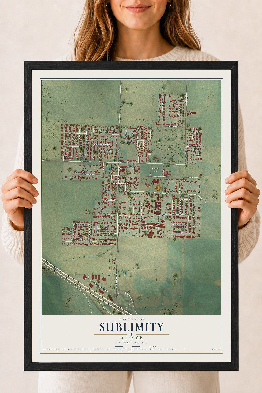 Map of Sublimity, Oregon, 18 x 24 inch print in a black wood frame