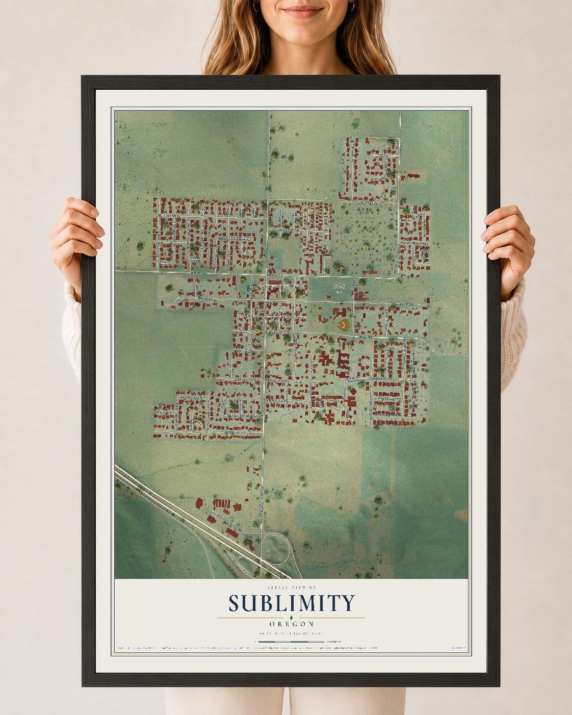 Map of Sublimity, Oregon, 24 x 36 inch print in a black wood frame