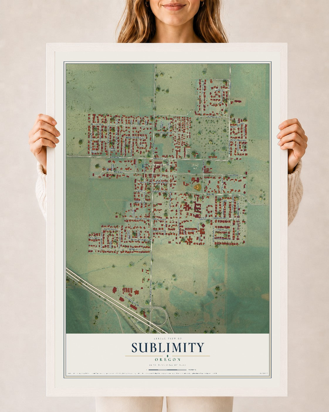 Map of Sublimity, Oregon, 24 x 36 inch print in a white wood frame