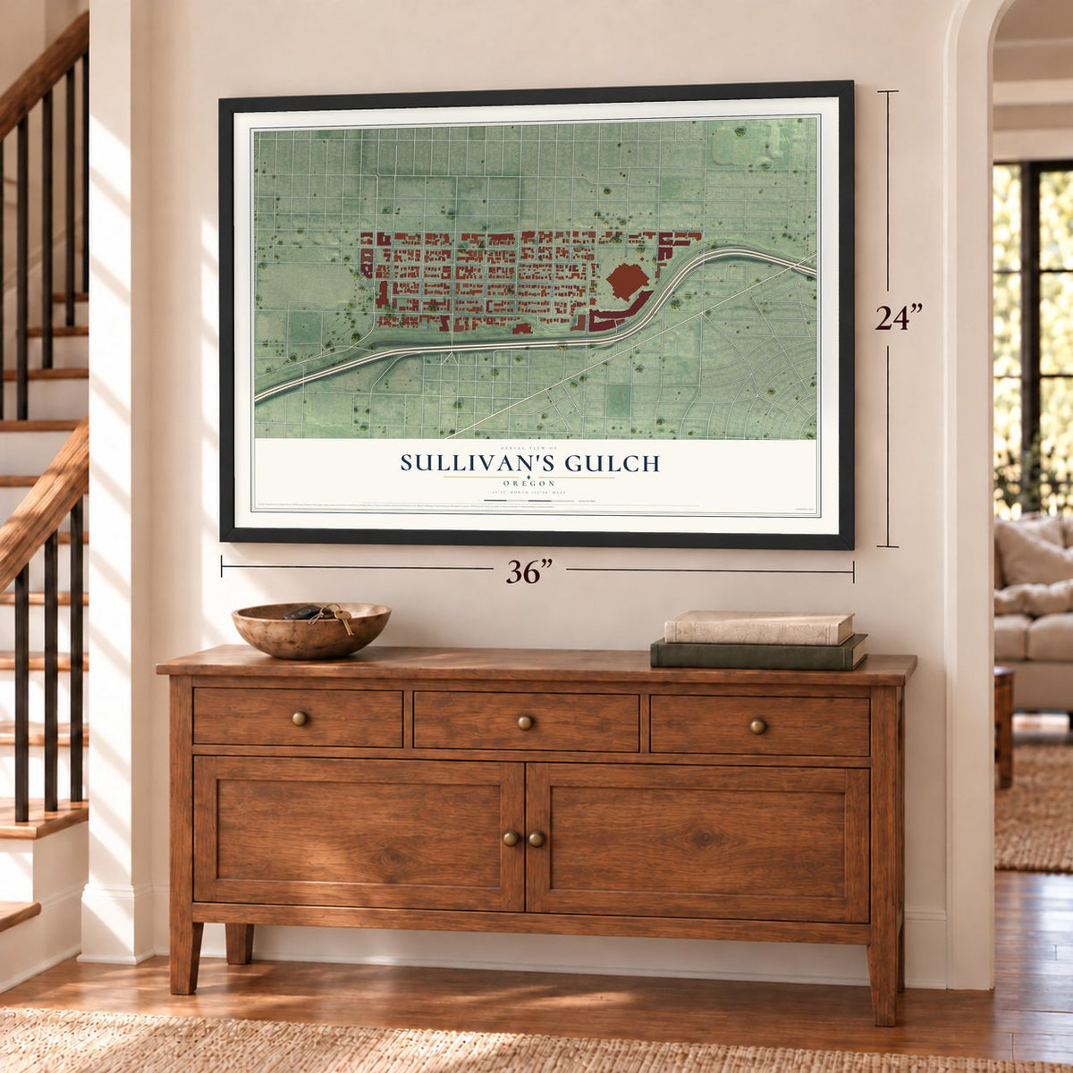 Sullivan's Gulch, Oregon map, 24 x 36 inch print in a black frame above a dresser by a staircase