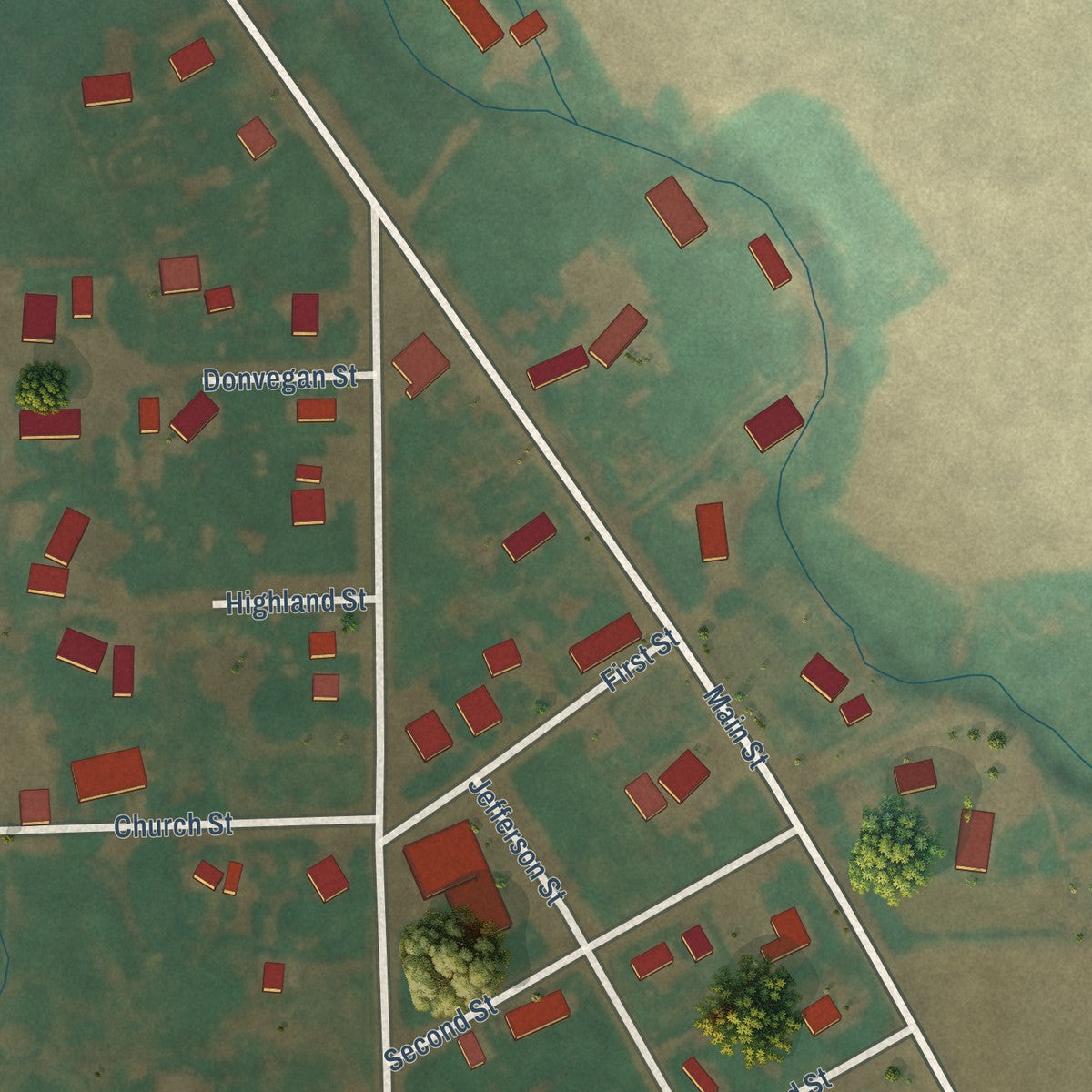 Close-up of the map of Summerville, Oregon print showing street and building detail