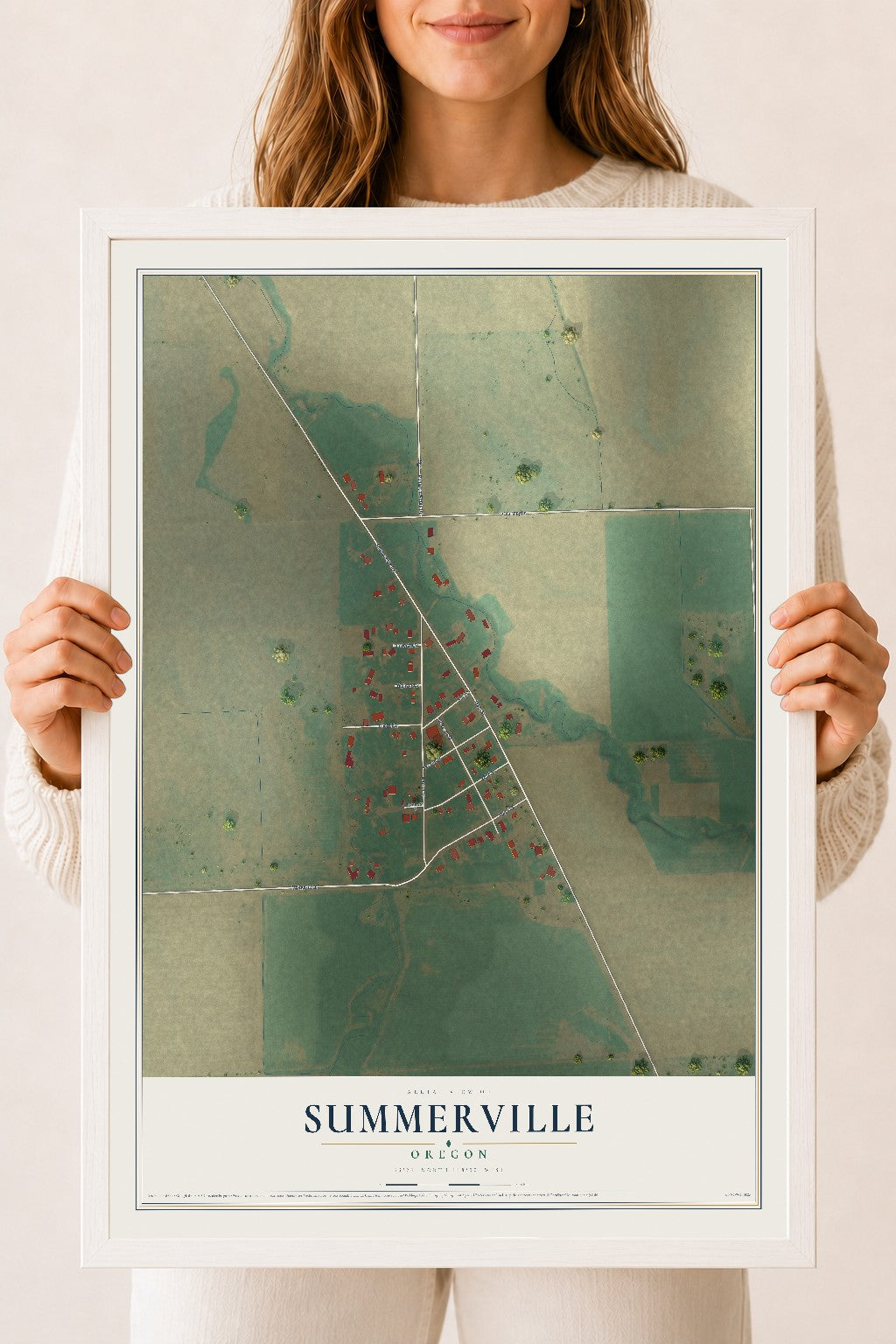 Map of Summerville, Oregon, 18 x 24 inch print in a white wood frame