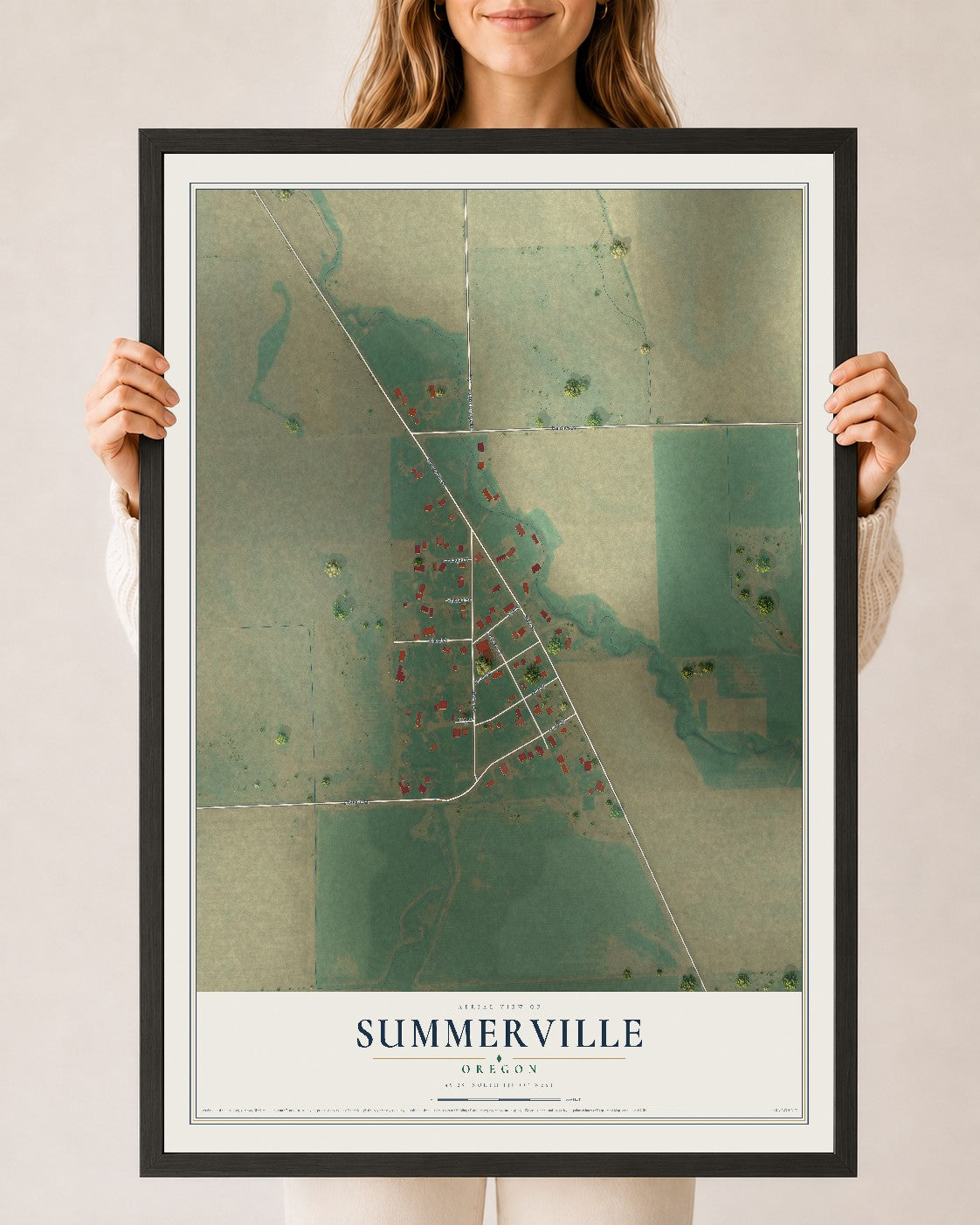 Map of Summerville, Oregon, 24 x 36 inch print in a black wood frame