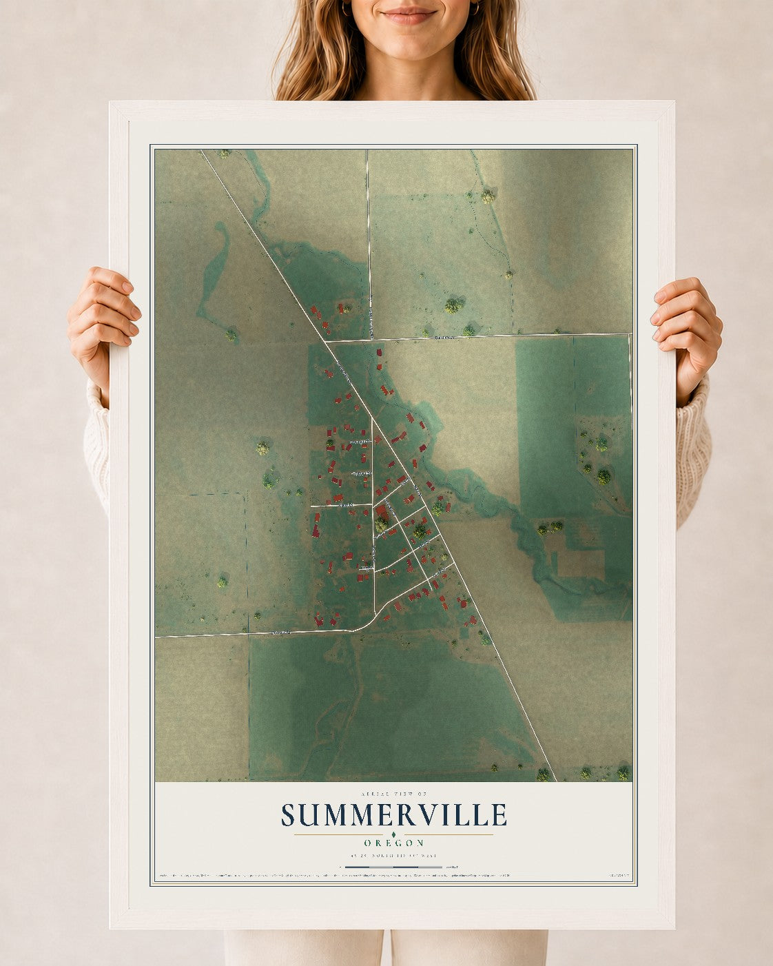 Map of Summerville, Oregon, 24 x 36 inch print in a white wood frame
