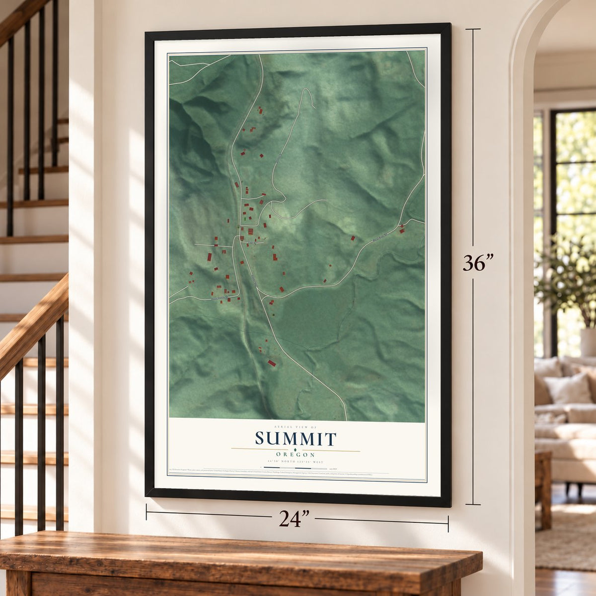 Summit, Oregon map, 24 x 36 inch print in a black frame by a staircase