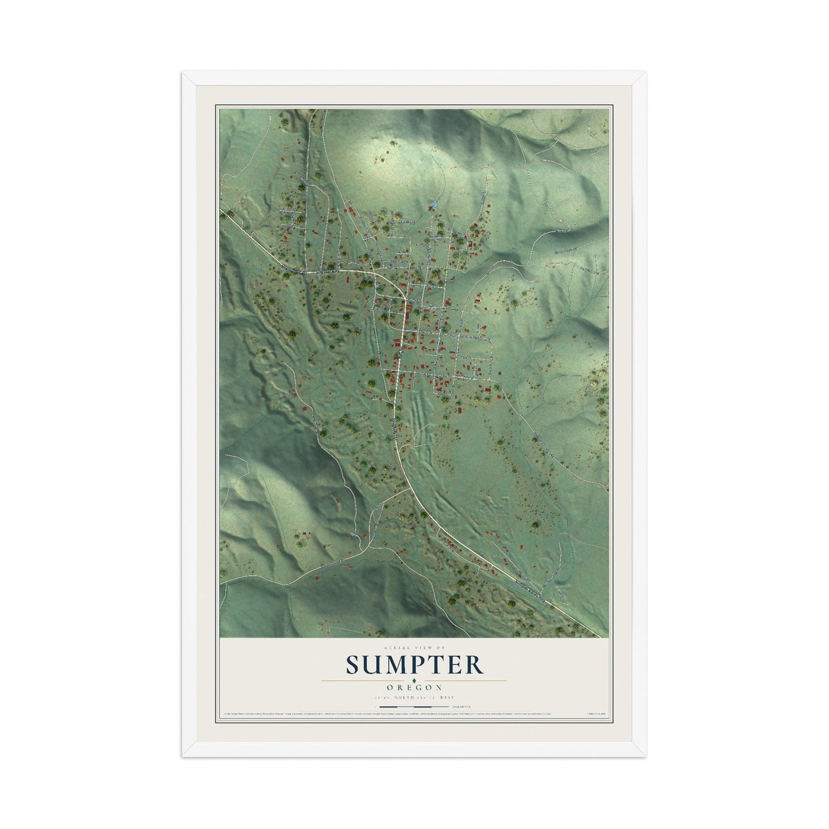 Map of Sumpter, Oregon, 12 x 18 inch print in a white wood frame