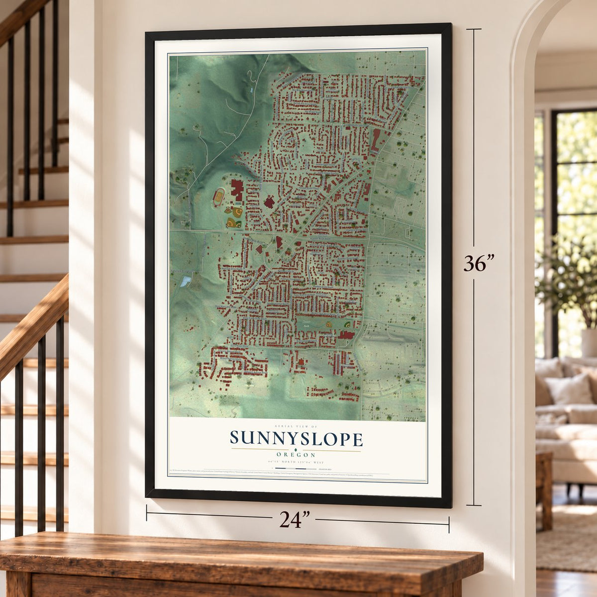 Sunnyslope, Oregon map, 24 x 36 inch print in a black frame by a staircase