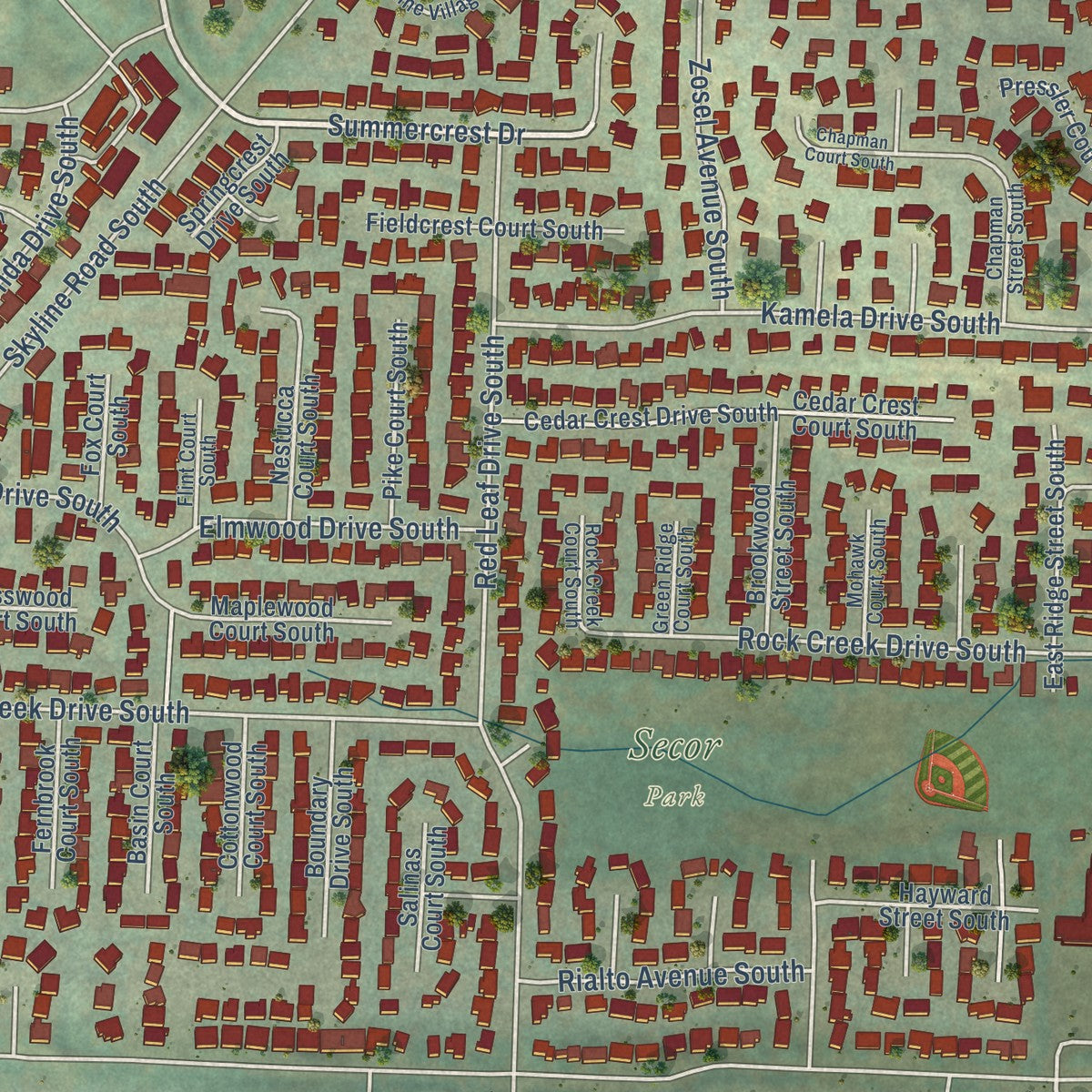Close-up of the map of Sunnyslope, Oregon print showing street and building detail