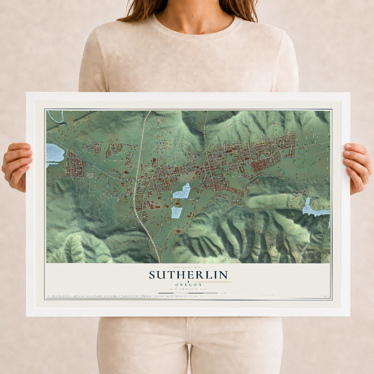 Map of Sutherlin, Oregon, 12 x 18 inch print in a white wood frame