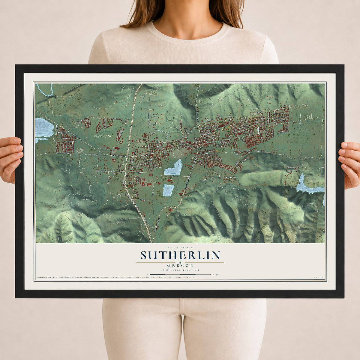 Map of Sutherlin, Oregon, 18 x 24 inch print in a black wood frame
