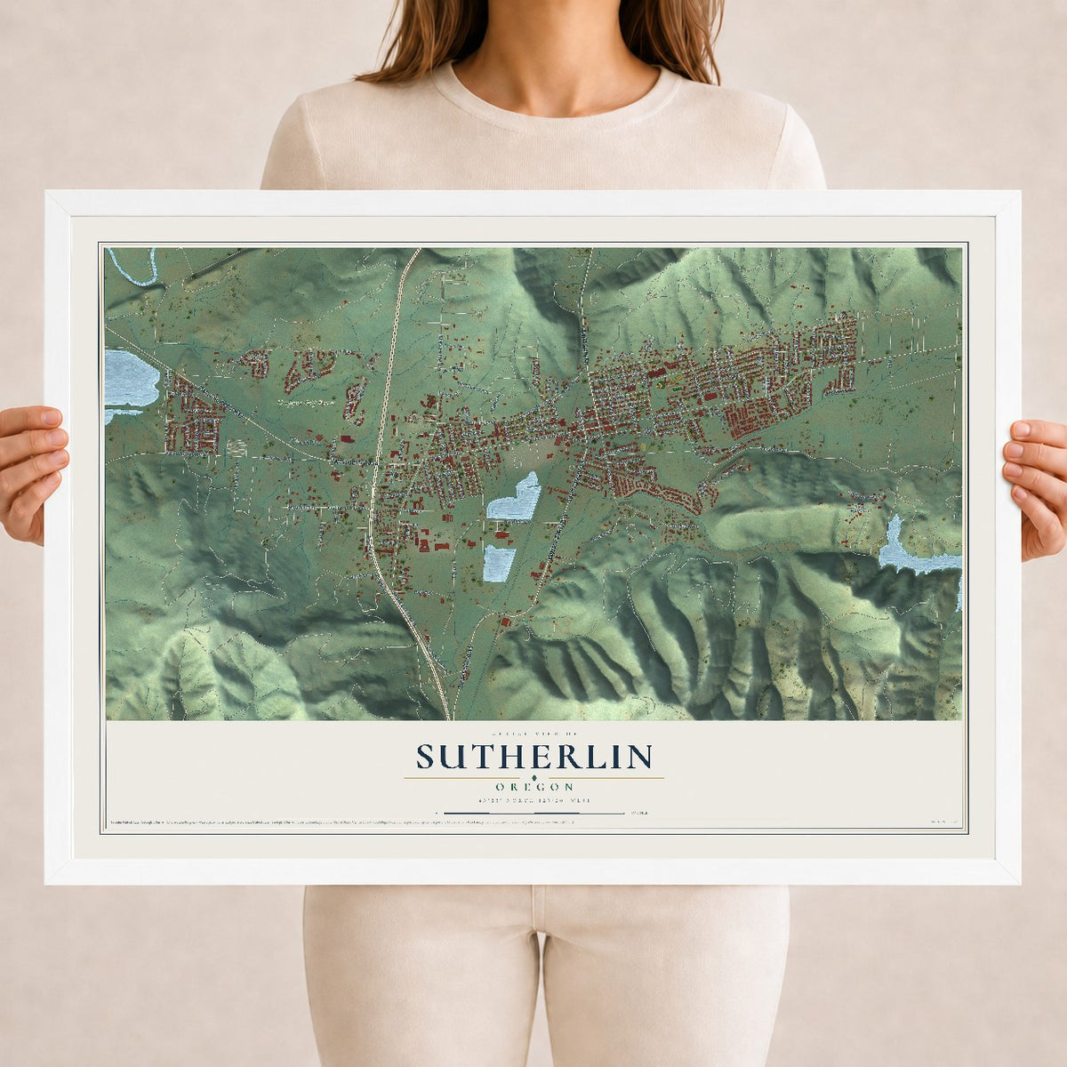 Map of Sutherlin, Oregon, 18 x 24 inch print in a white wood frame