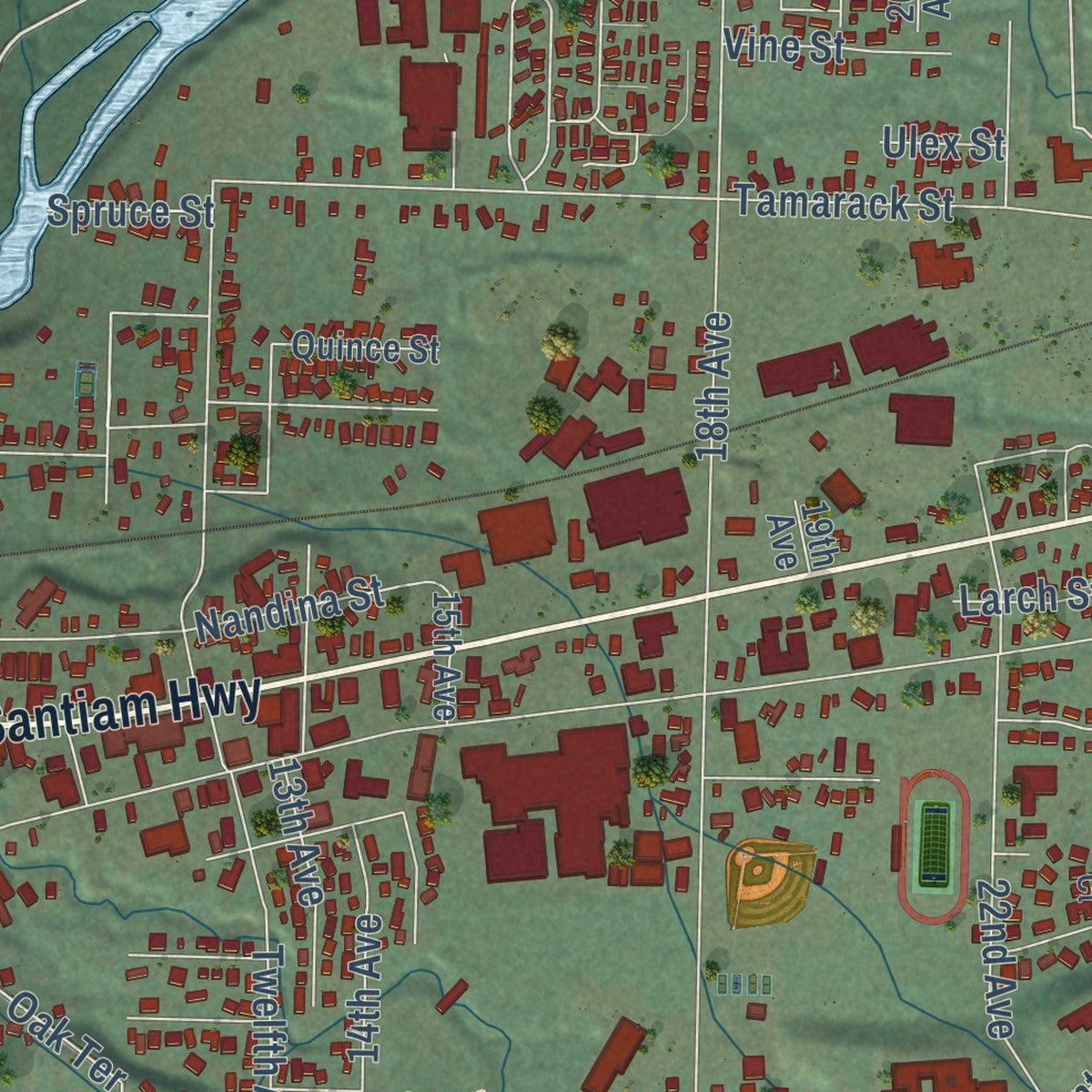 Close-up of the map of Sweet Home, Oregon print showing street and building detail