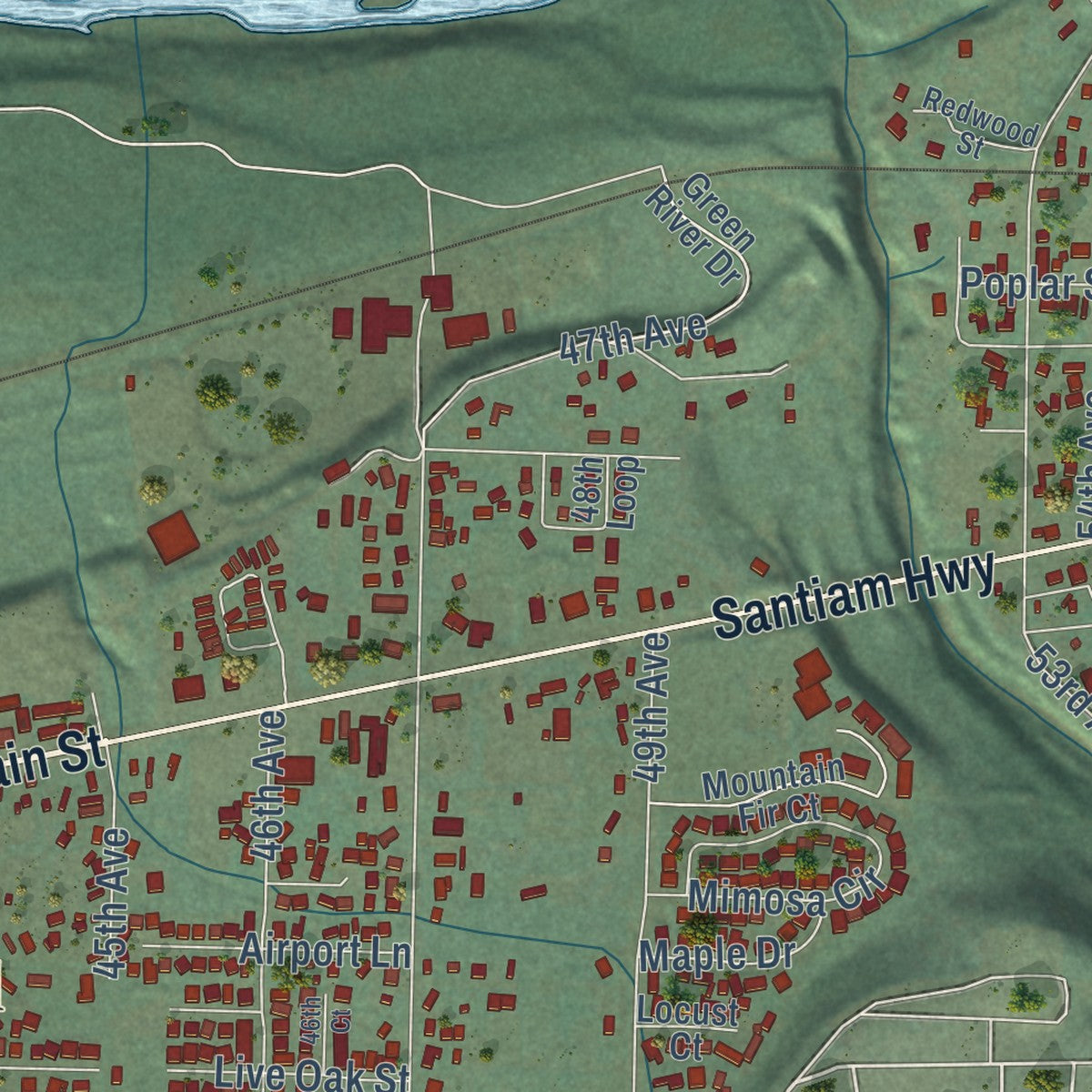 Second close-up of the map of Sweet Home, Oregon print showing more streets and buildings
