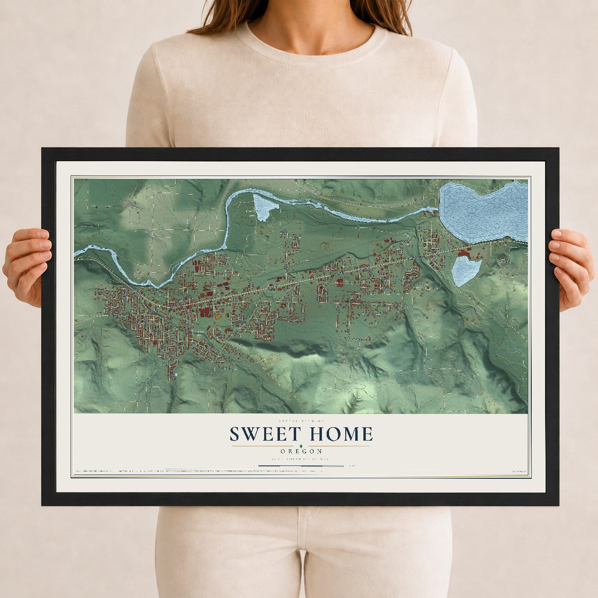 Map of Sweet Home, Oregon, 12 x 18 inch print in a black wood frame