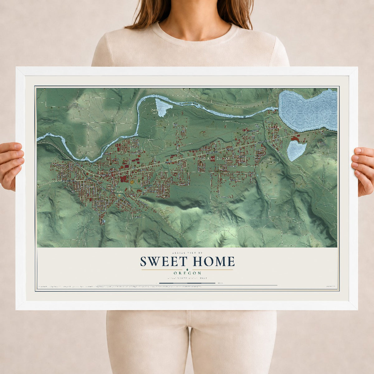 Map of Sweet Home, Oregon, 18 x 24 inch print in a white wood frame