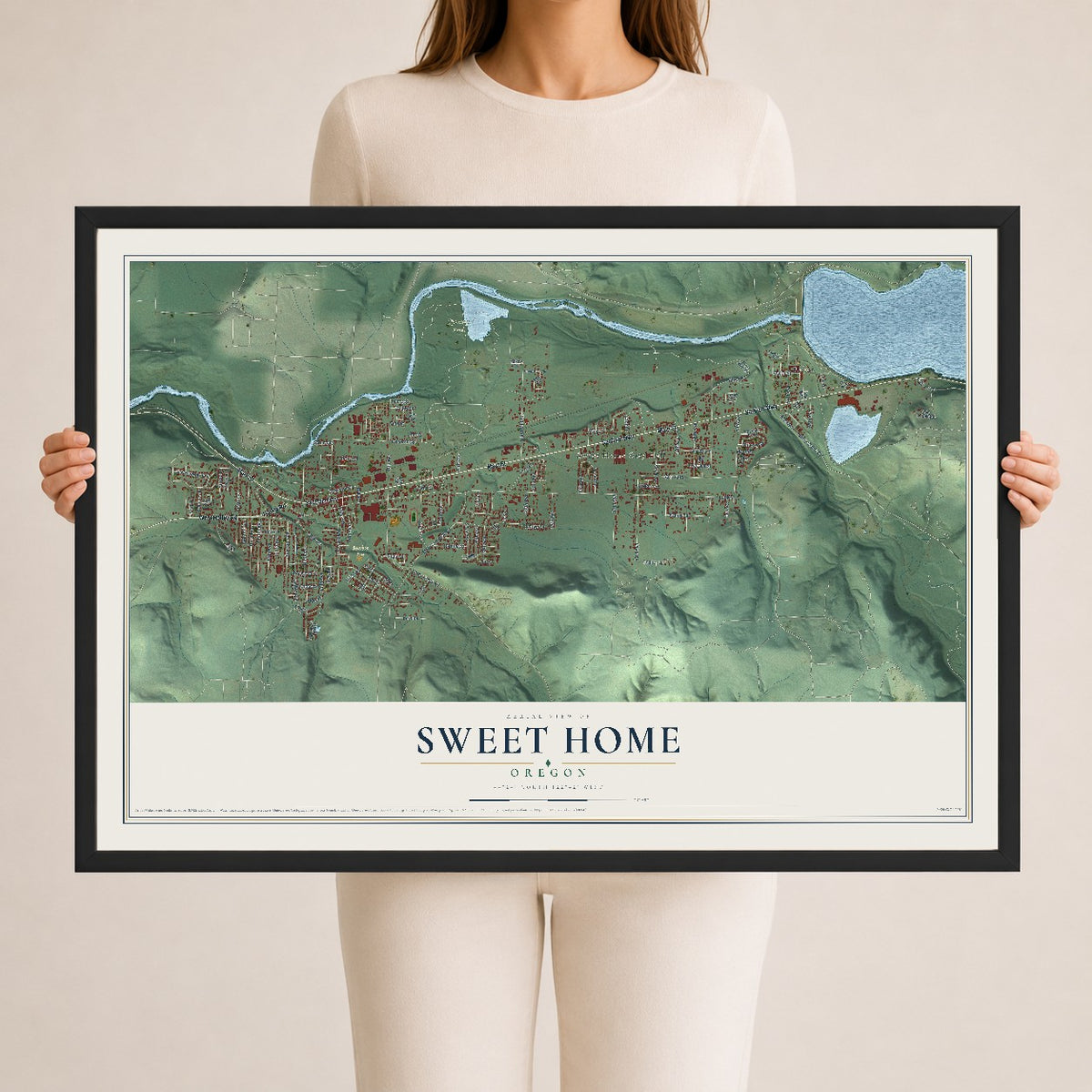 Map of Sweet Home, Oregon, 24 x 36 inch print in a black wood frame