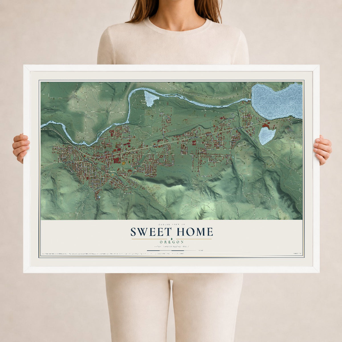 Map of Sweet Home, Oregon, 24 x 36 inch print in a white wood frame