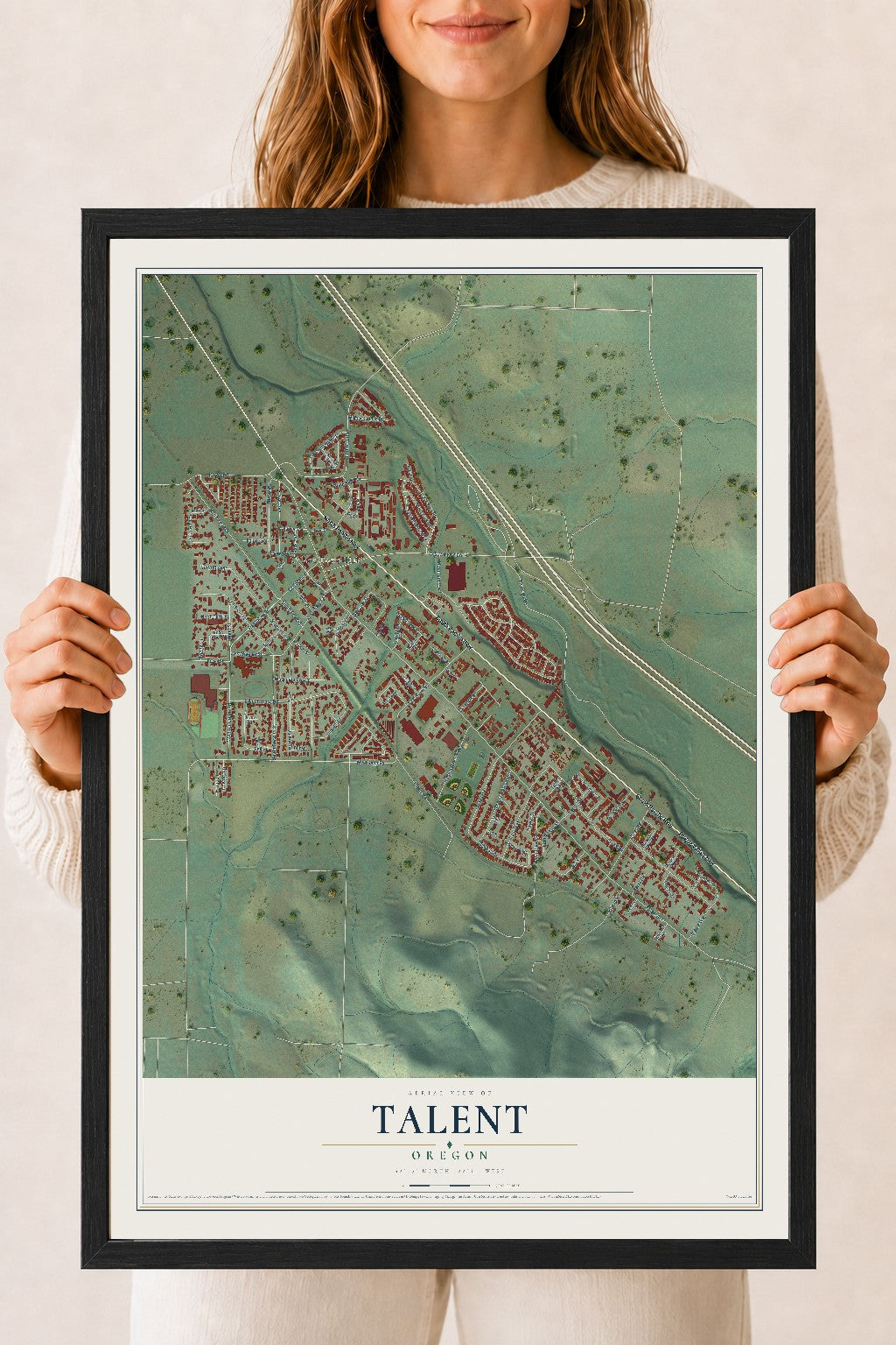 Map of Talent, Oregon, 18 x 24 inch print in a black wood frame