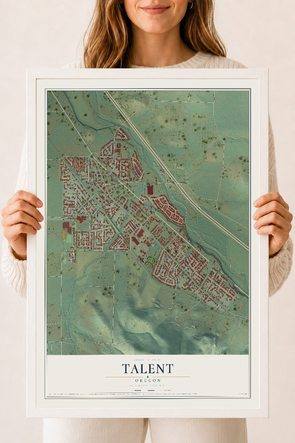 Map of Talent, Oregon, 18 x 24 inch print in a white wood frame