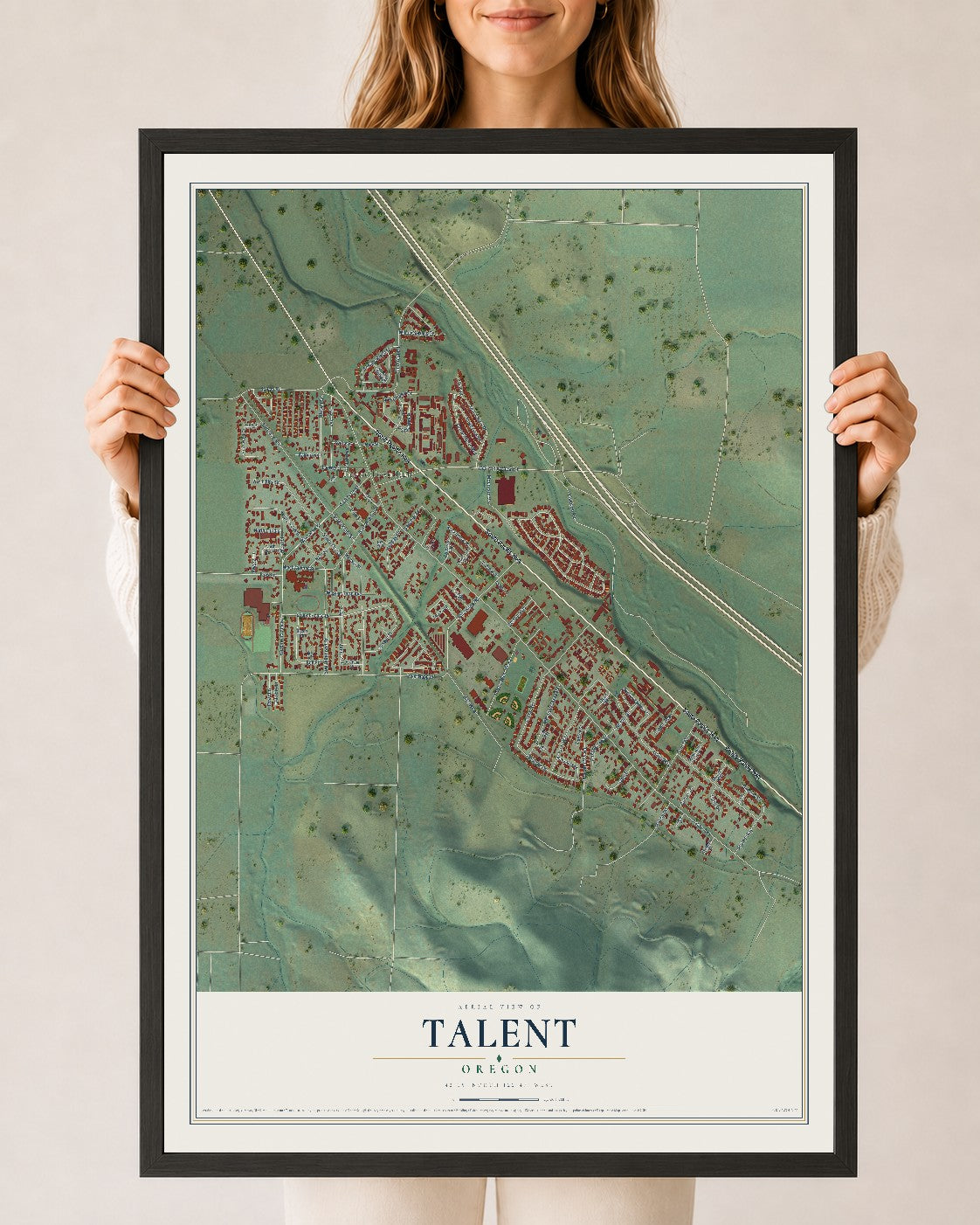 Map of Talent, Oregon, 24 x 36 inch print in a black wood frame