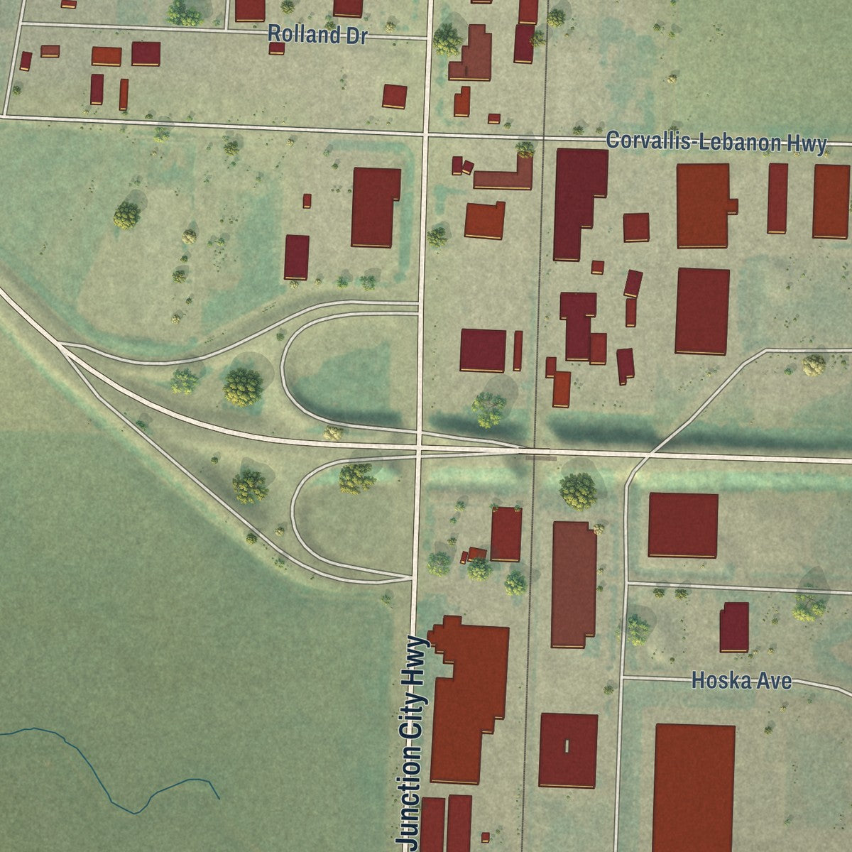 Second close-up of the map of Tangent, Oregon print showing more streets and buildings