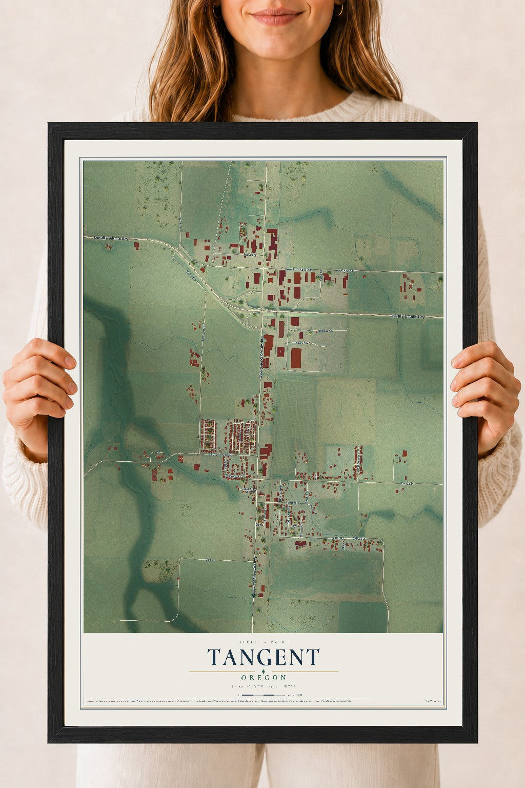Map of Tangent, Oregon, 18 x 24 inch print in a black wood frame