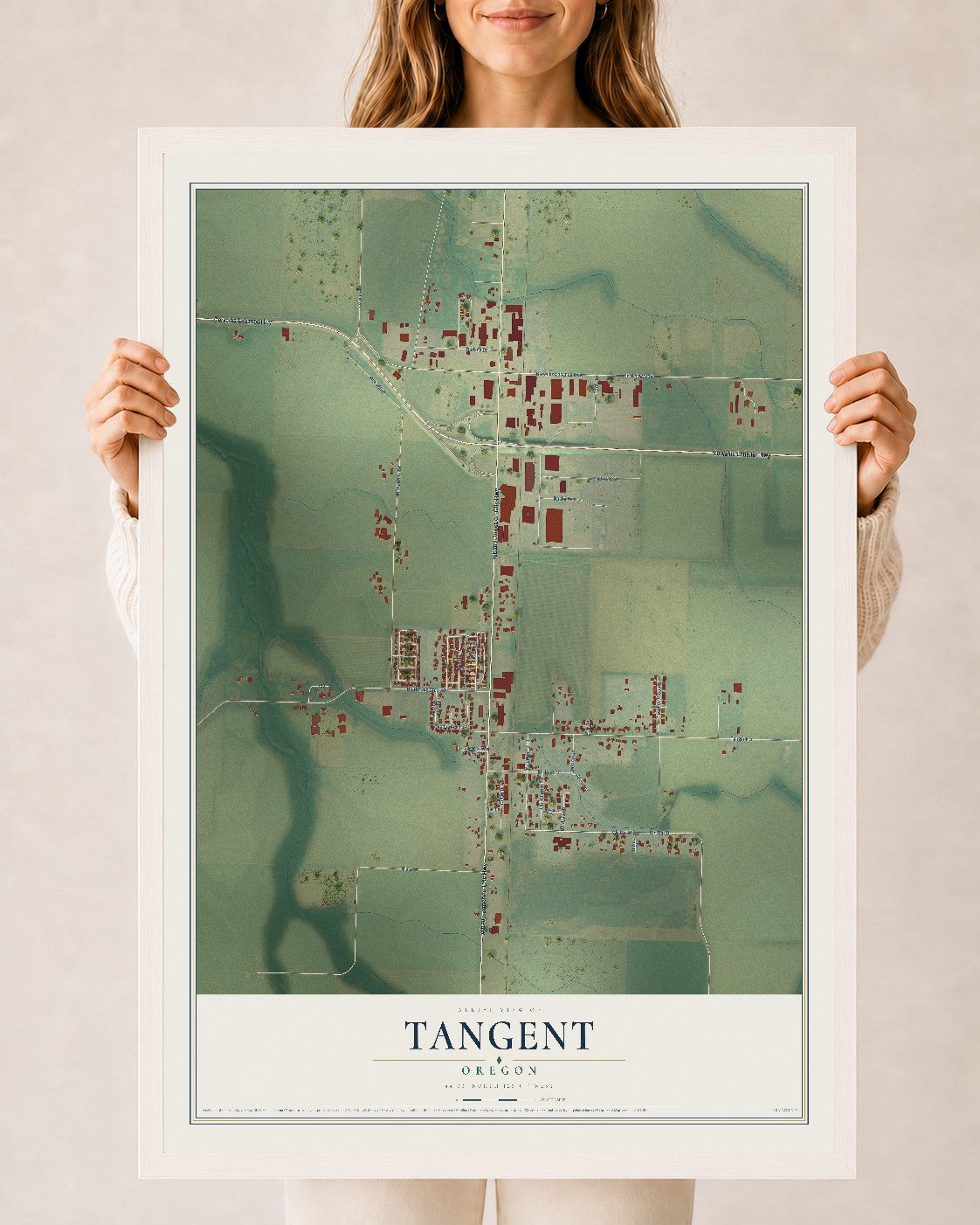 Map of Tangent, Oregon, 24 x 36 inch print in a white wood frame