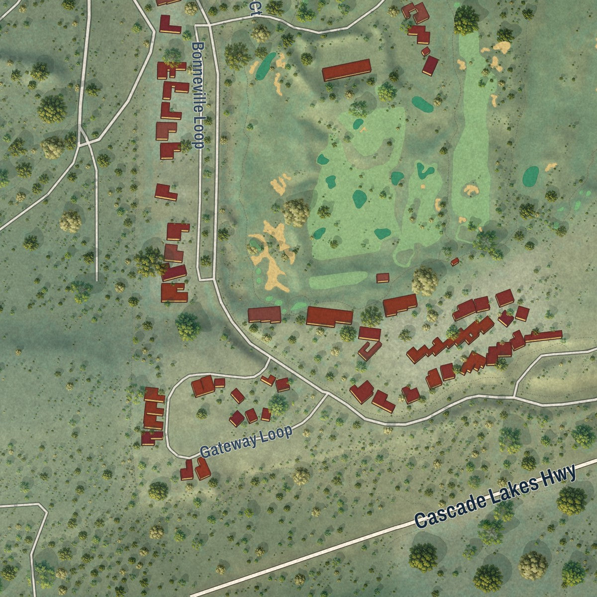 Close-up of the map of Tetherow, Oregon print showing street and building detail
