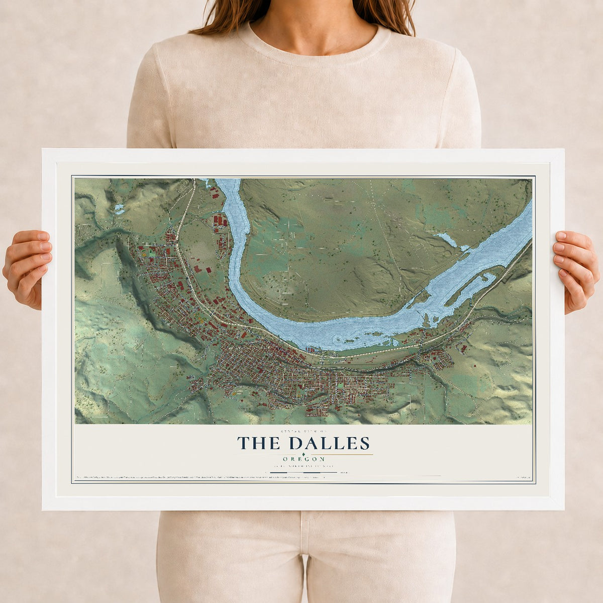 Map of The Dalles, Oregon, 12 x 18 inch print in a white wood frame