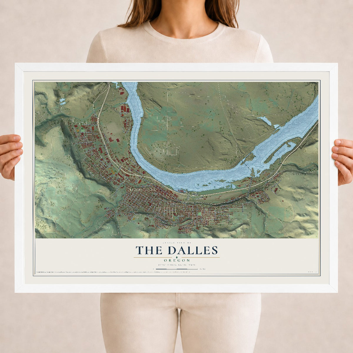 Map of The Dalles, Oregon, 18 x 24 inch print in a white wood frame