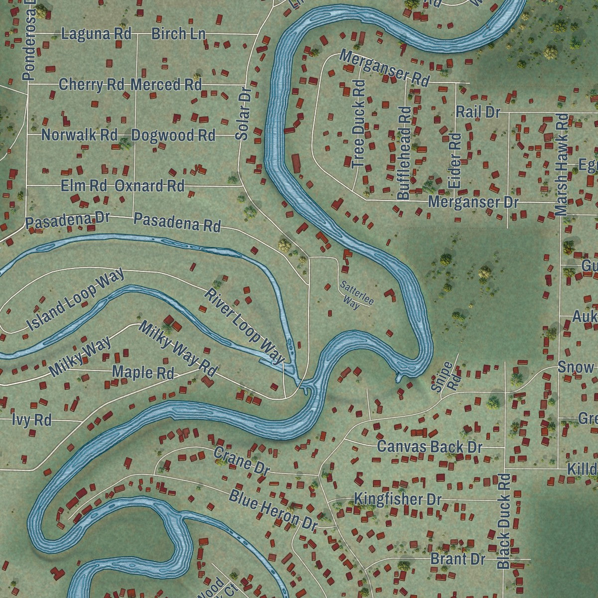 Close-up of the map of Three Rivers, Oregon print showing street and building detail
