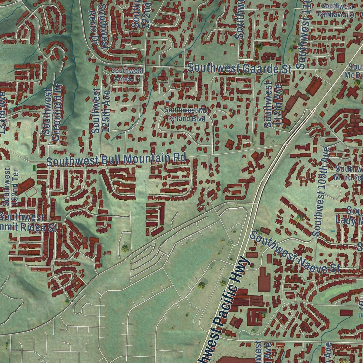 Second close-up of the map of Tigard, Oregon print showing more streets and buildings