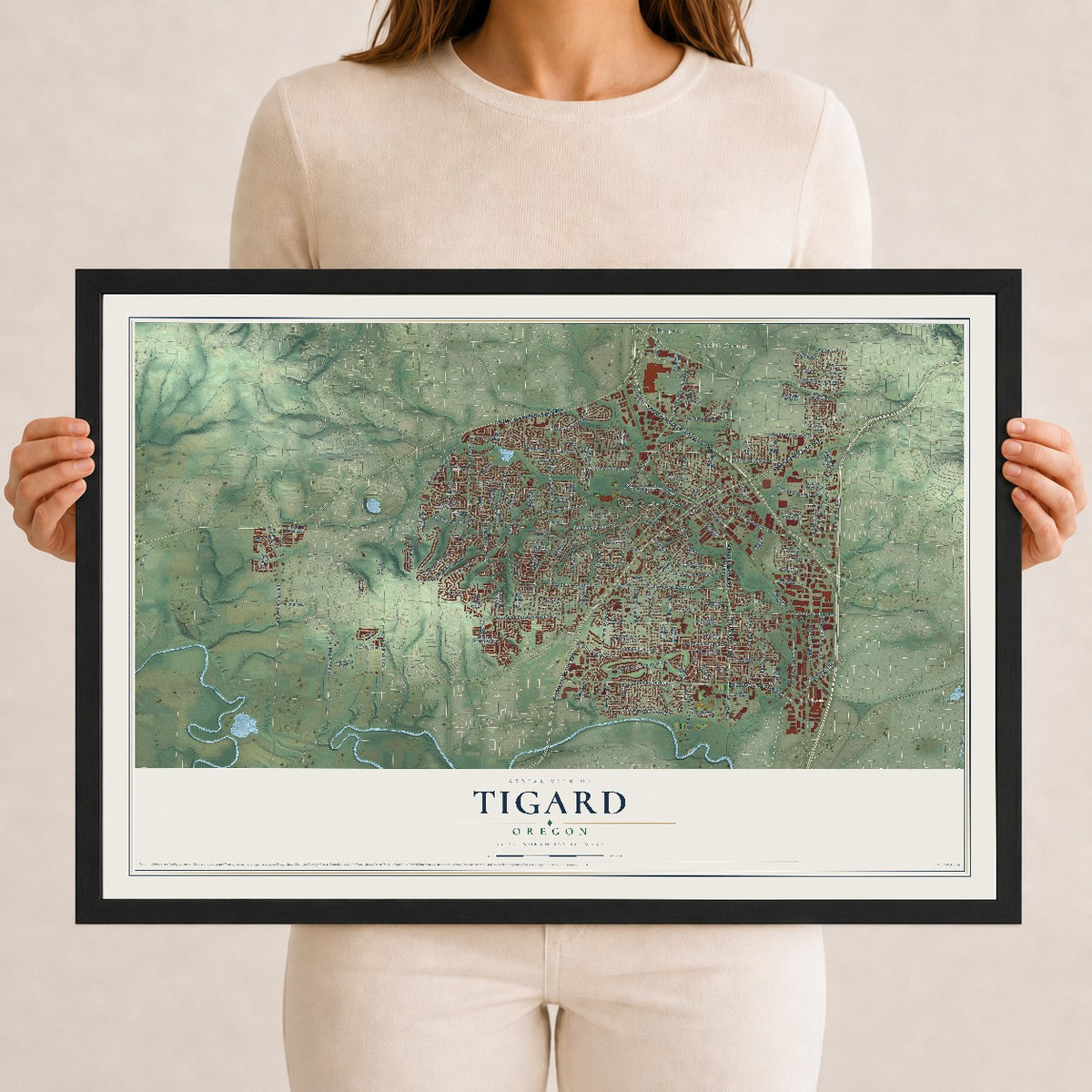 Map of Tigard, Oregon, 12 x 18 inch print in a black wood frame
