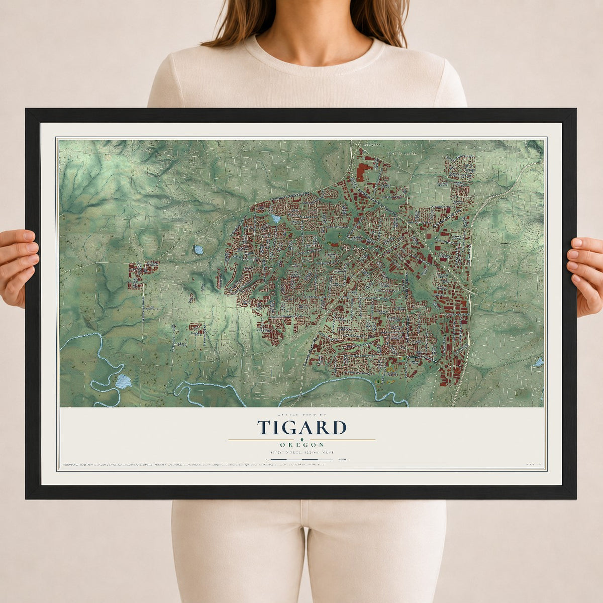 Map of Tigard, Oregon, 18 x 24 inch print in a black wood frame
