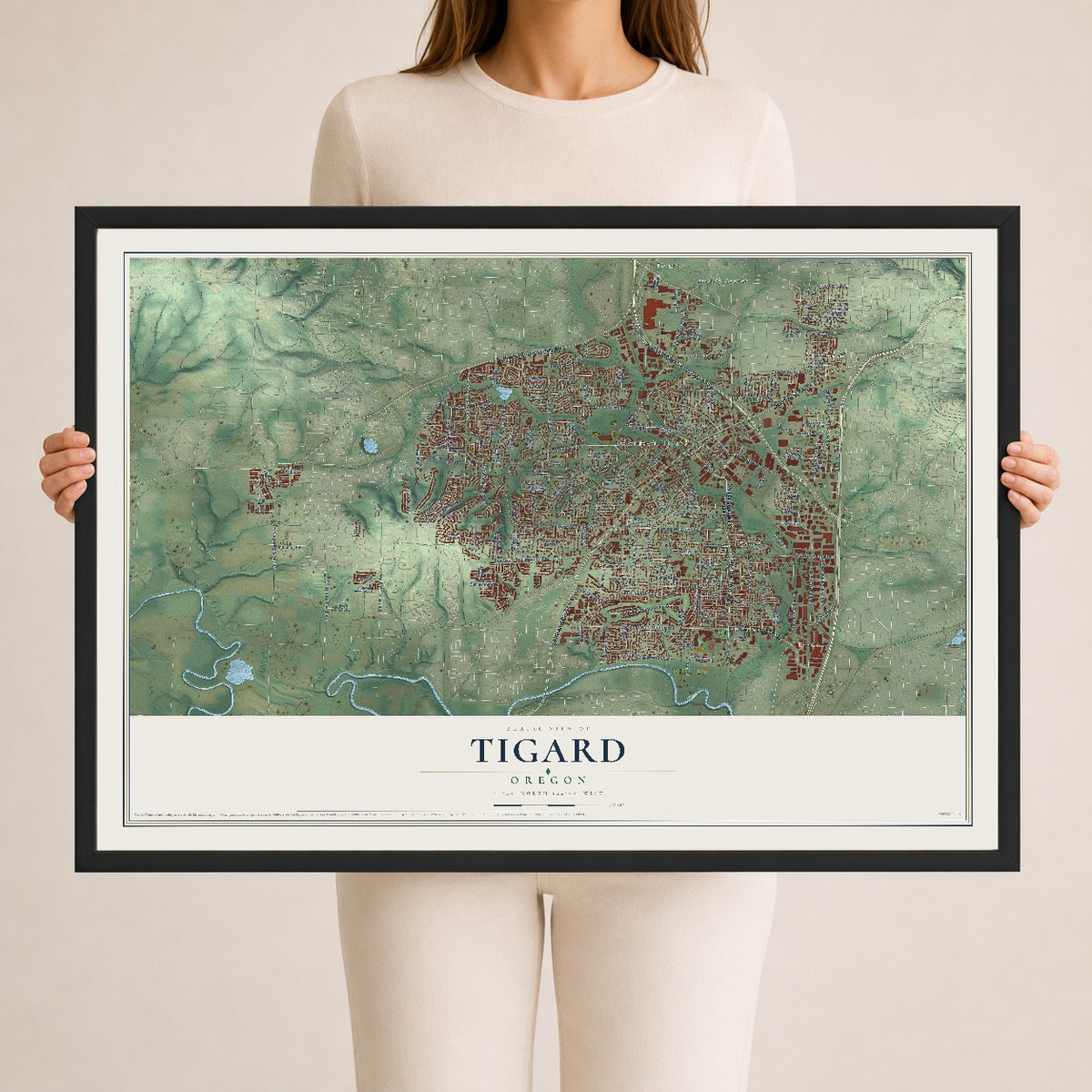 Map of Tigard, Oregon, 24 x 36 inch print in a black wood frame