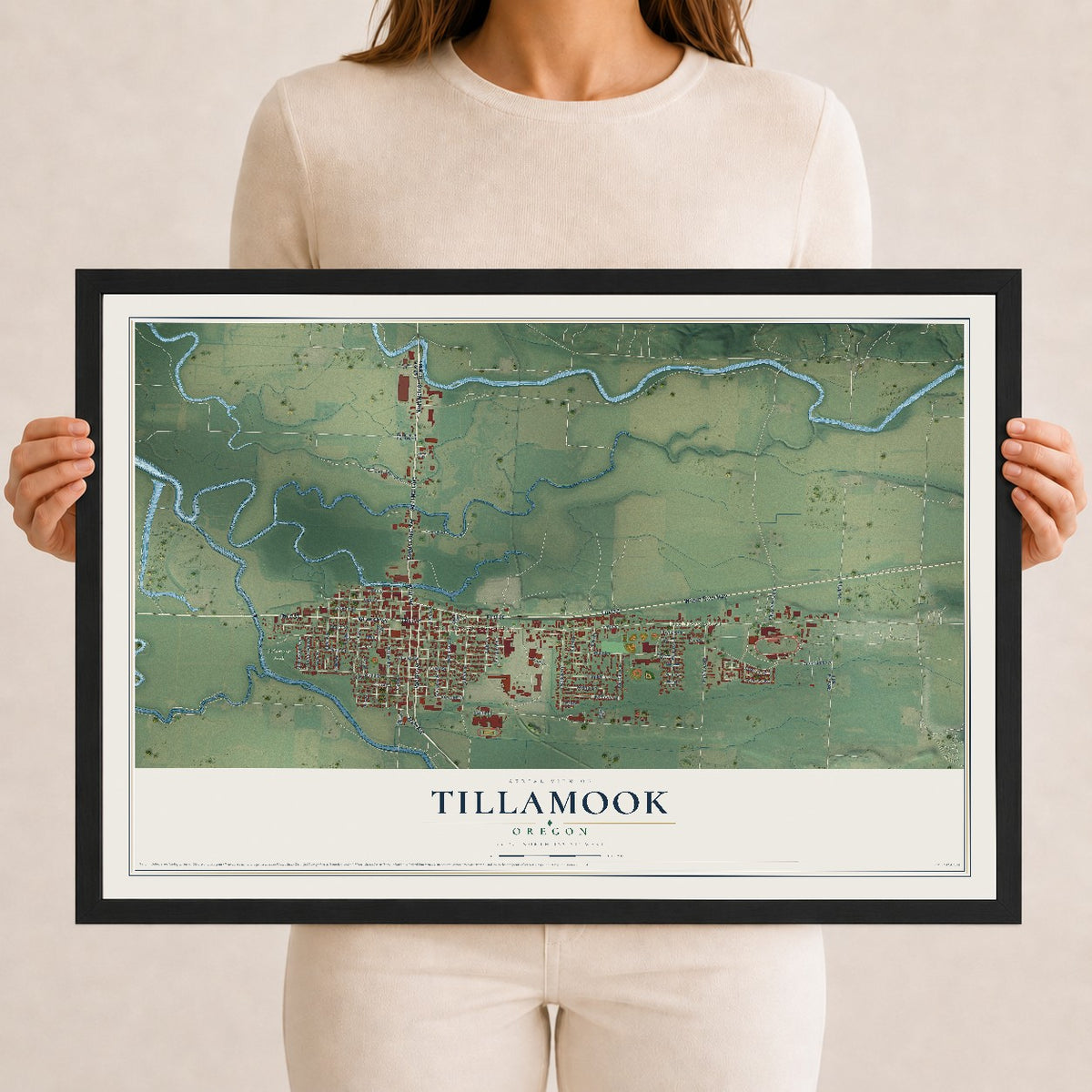 Map of Tillamook, Oregon, 12 x 18 inch print in a black wood frame