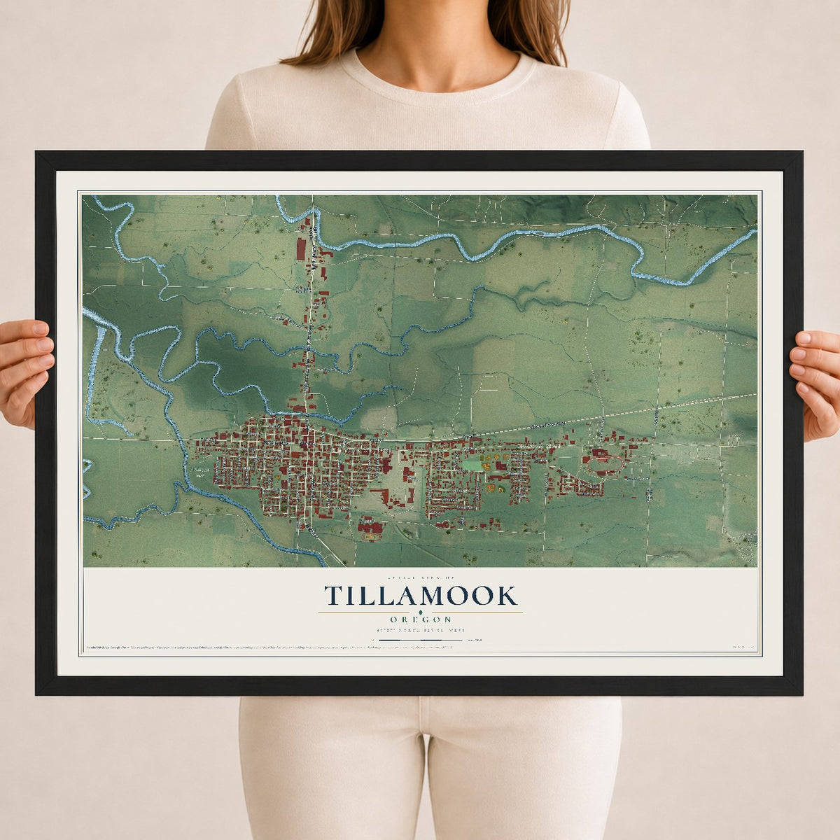 Map of Tillamook, Oregon, 18 x 24 inch print in a black wood frame
