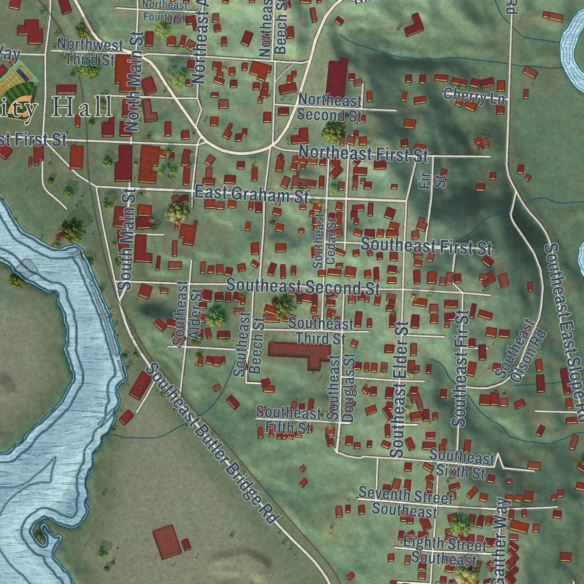 Close-up of the map of Toledo, Oregon print showing street and building detail