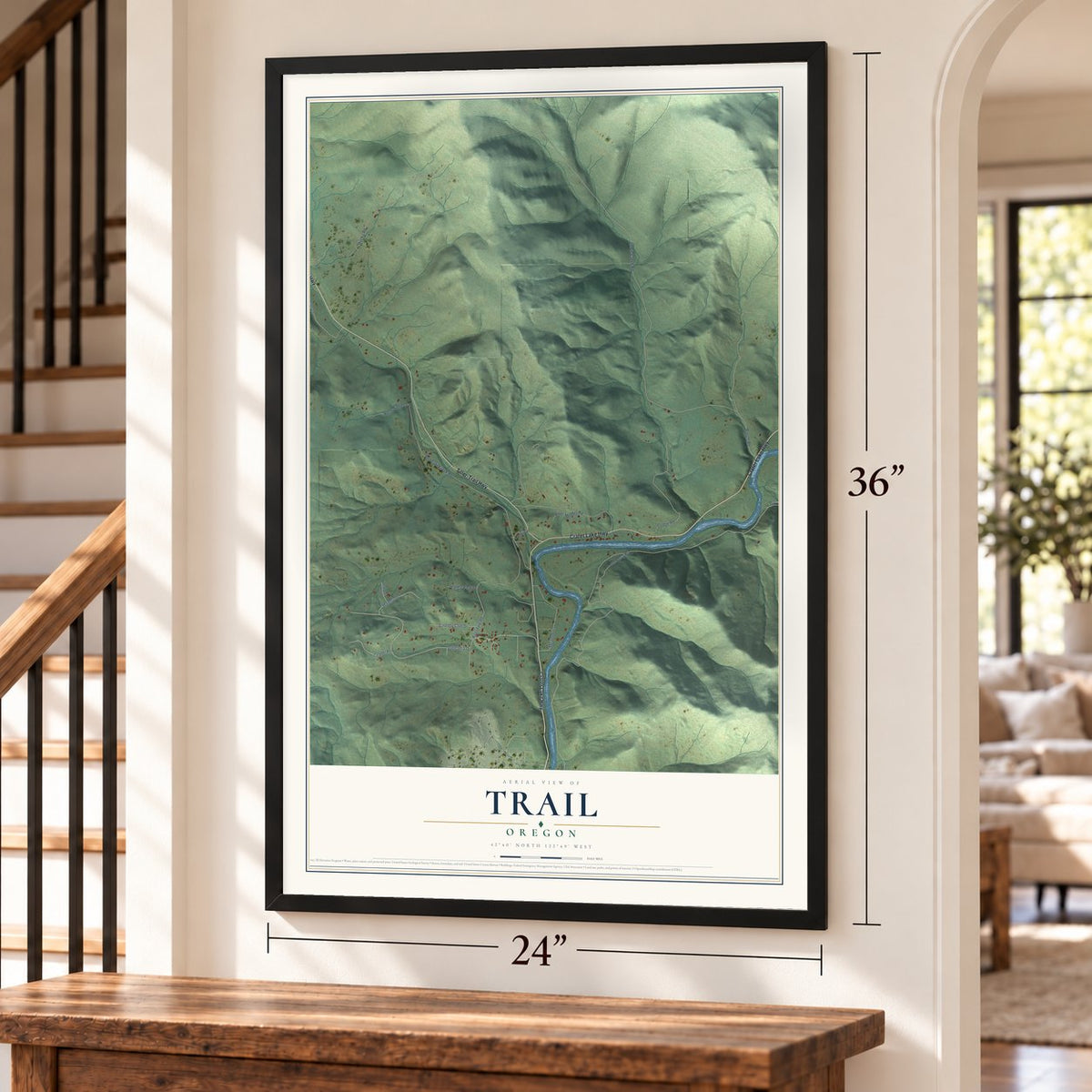 Trail, Oregon map, 24 x 36 inch print in a black frame by a staircase