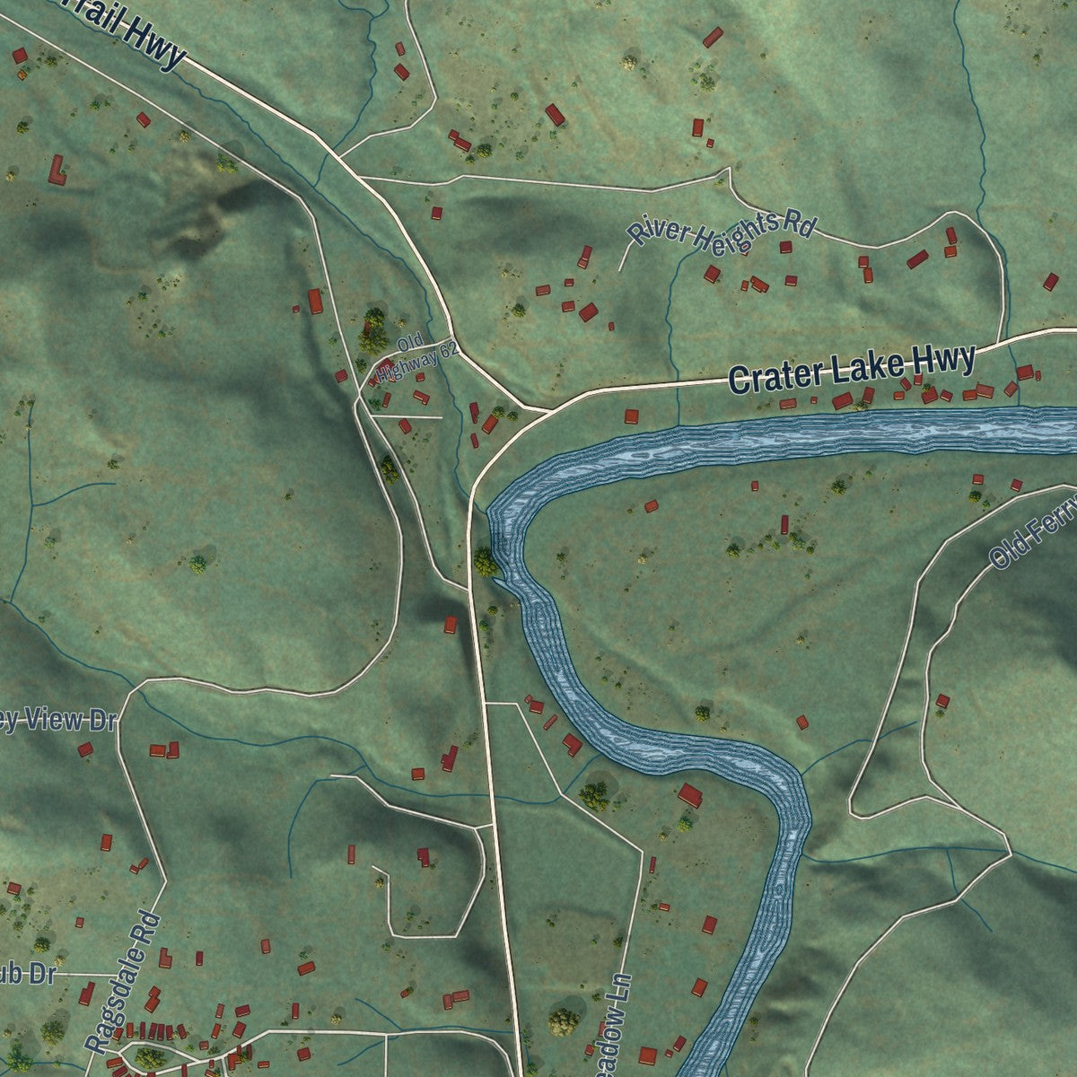 Close-up of the map of Trail, Oregon print showing street and building detail