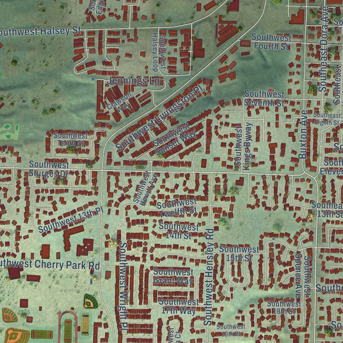 Close-up of the map of Troutdale, Oregon print showing street and building detail