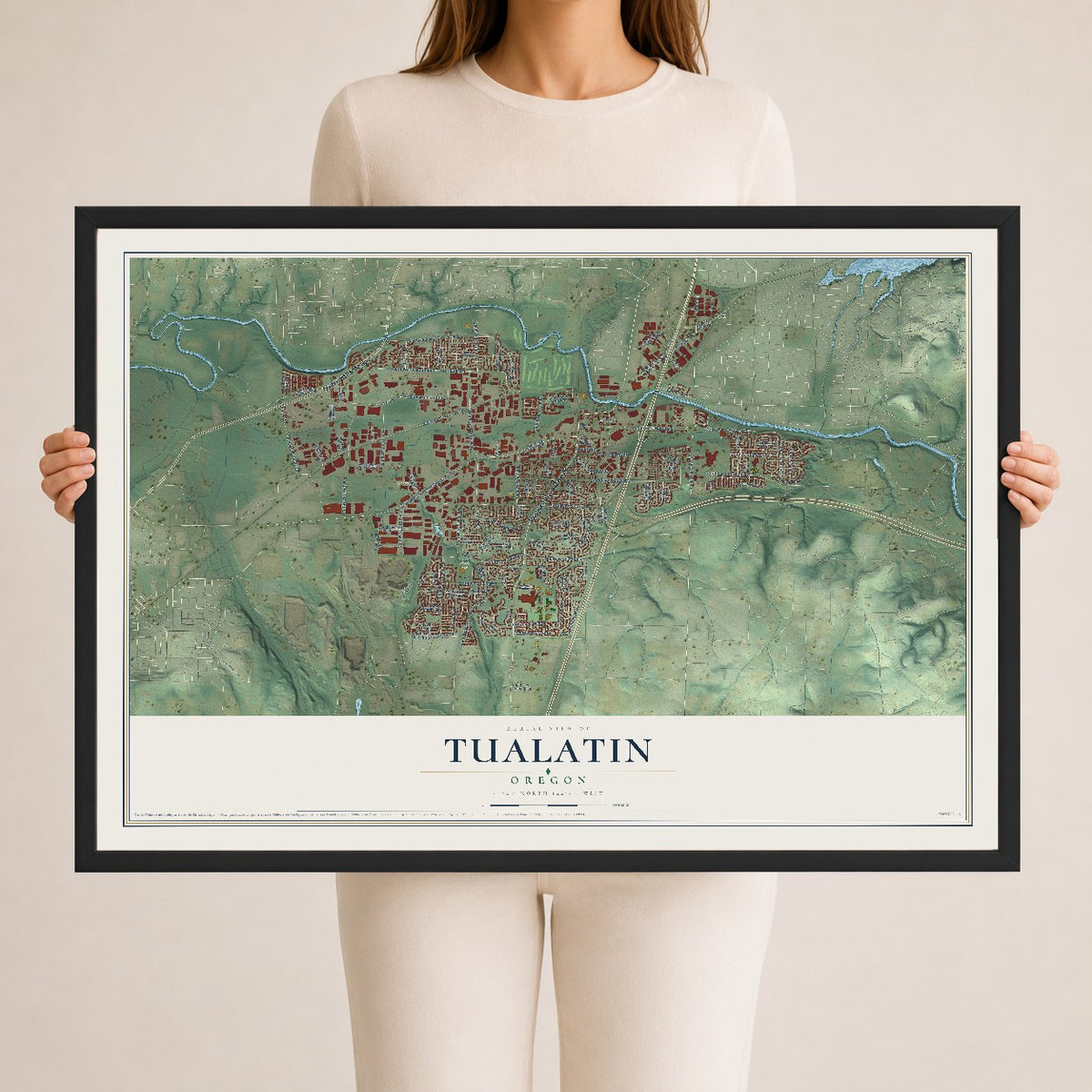 Map of Tualatin, Oregon, 24 x 36 inch print in a black wood frame