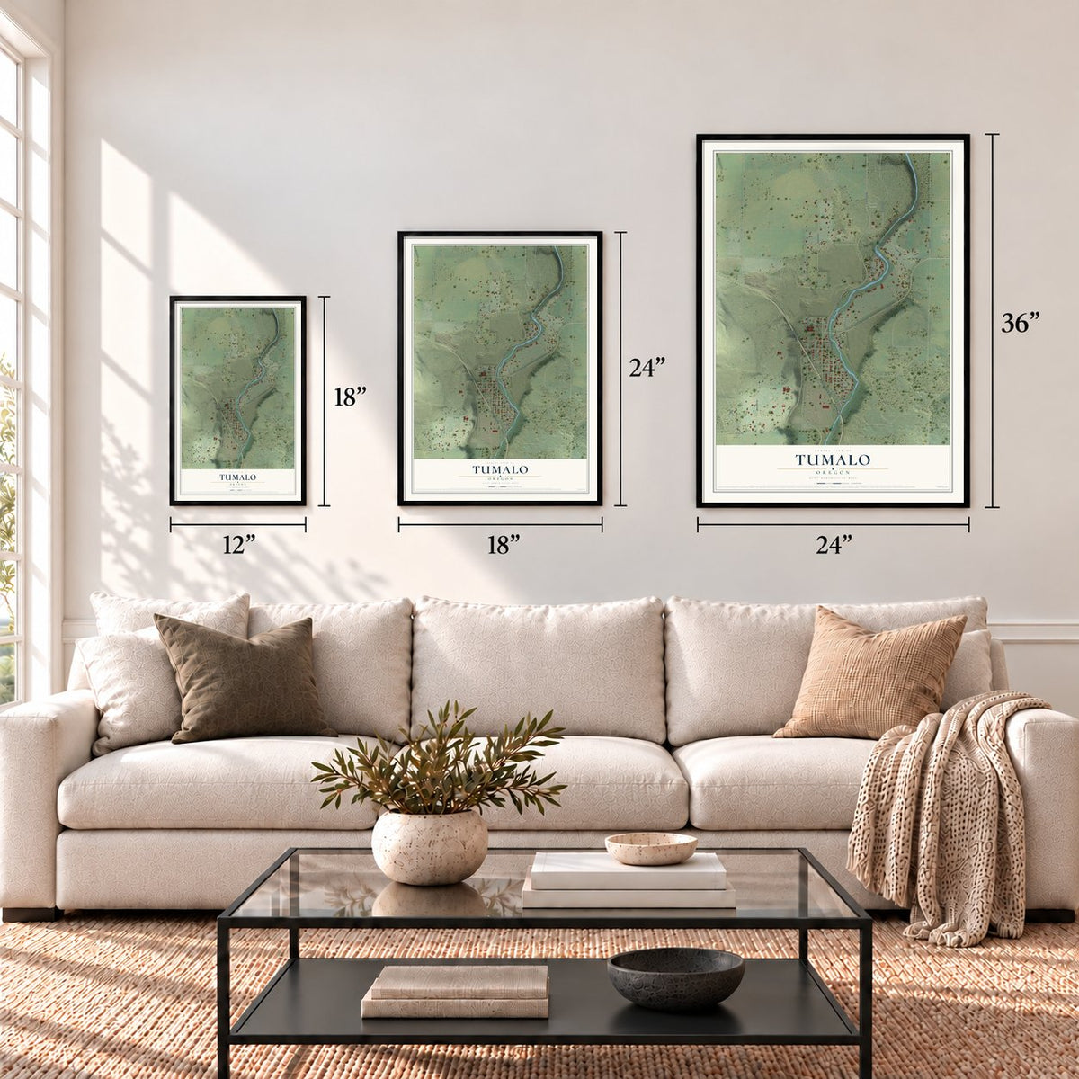 Tumalo, Oregon map in 12 x 18, 18 x 24 and 24 x 36 inch sizes above a sofa