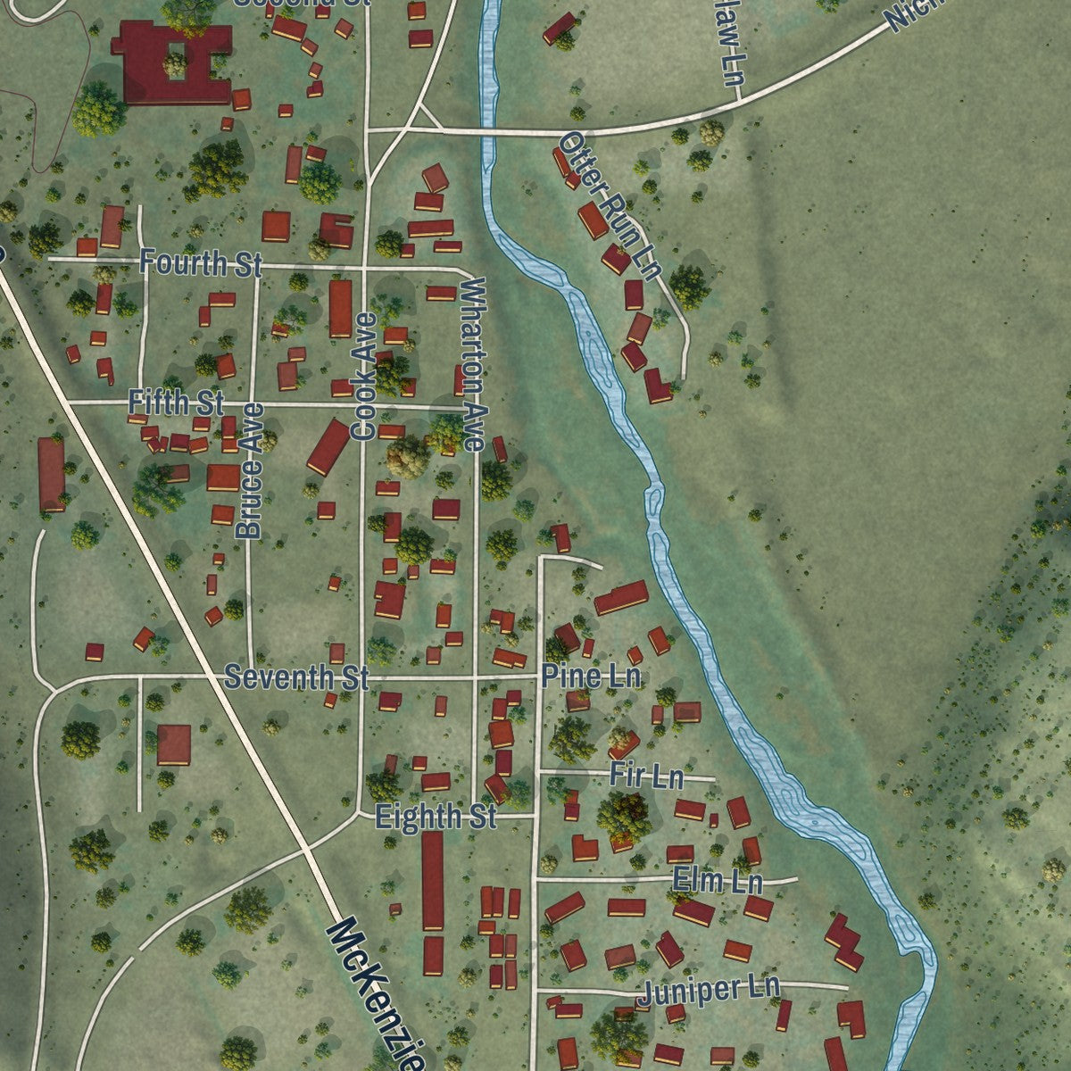 Close-up of the map of Tumalo, Oregon print showing street and building detail