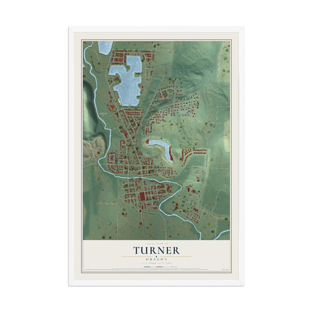Map of Turner, Oregon, 12 x 18 inch print in a white wood frame