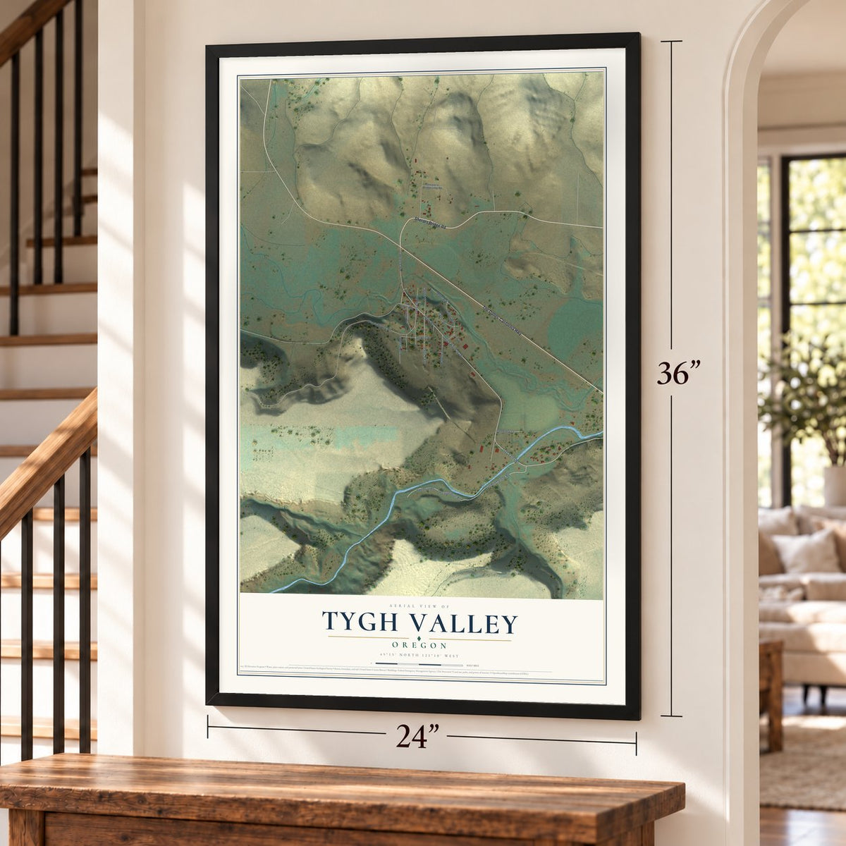 Tygh Valley, Oregon map, 24 x 36 inch print in a black frame by a staircase