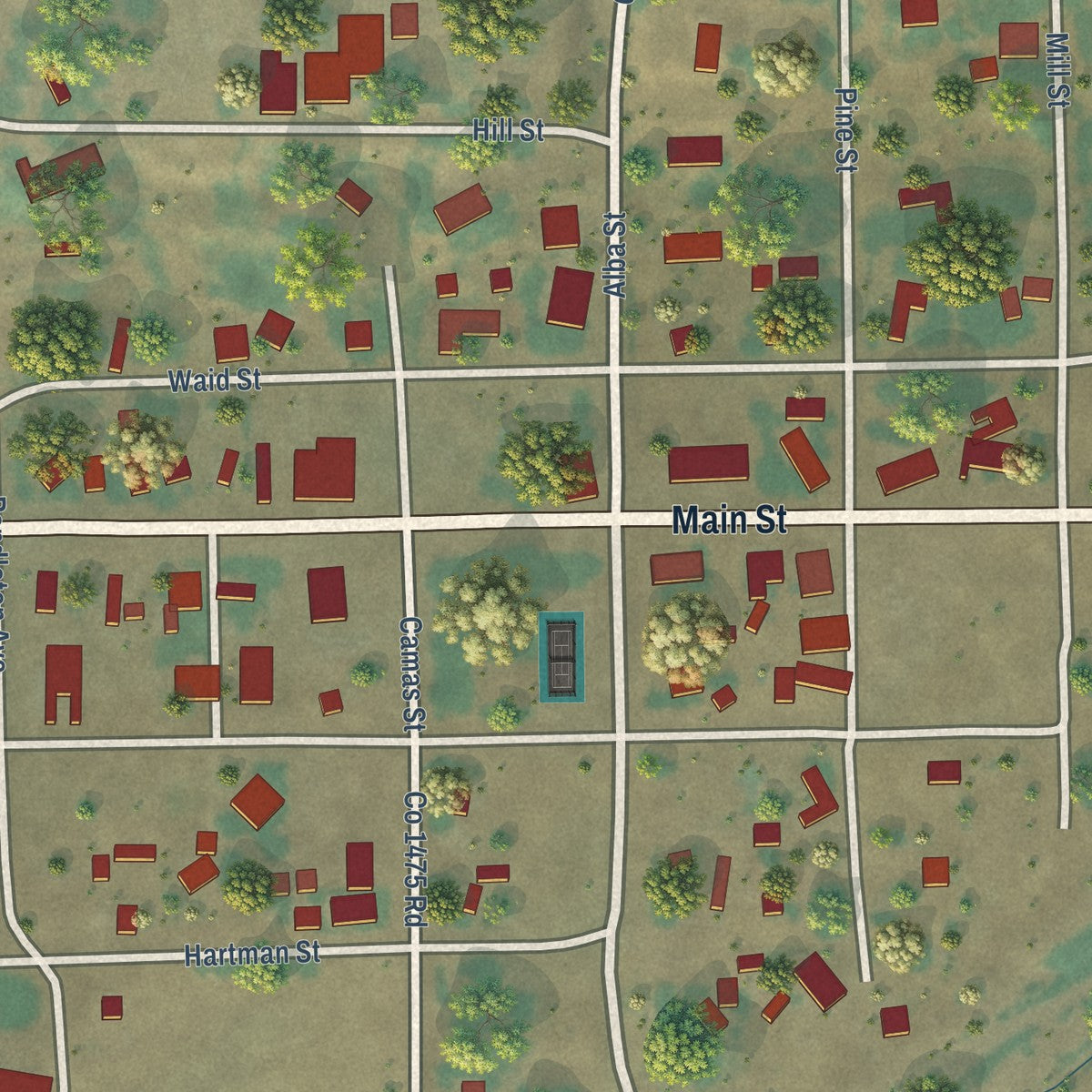 Close-up of the map of Ukiah, Oregon print showing street and building detail