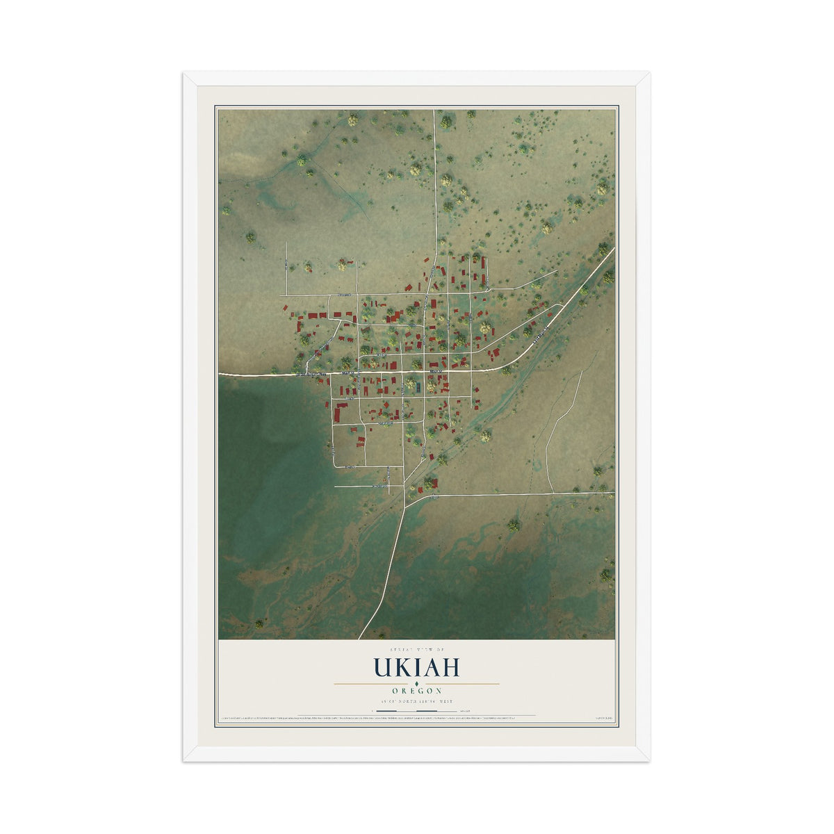 Map of Ukiah, Oregon, 12 x 18 inch print in a white wood frame
