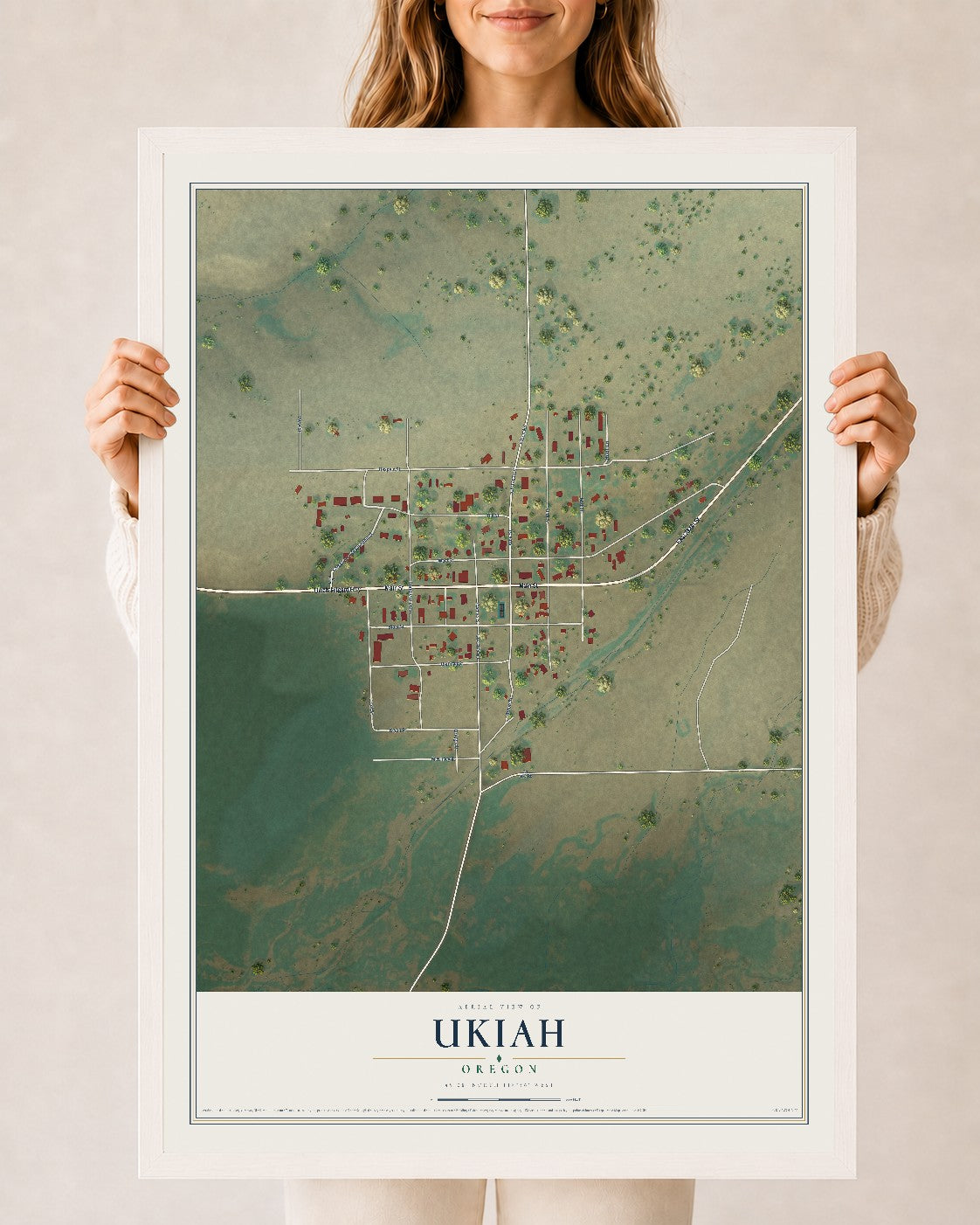 Map of Ukiah, Oregon, 24 x 36 inch print in a white wood frame