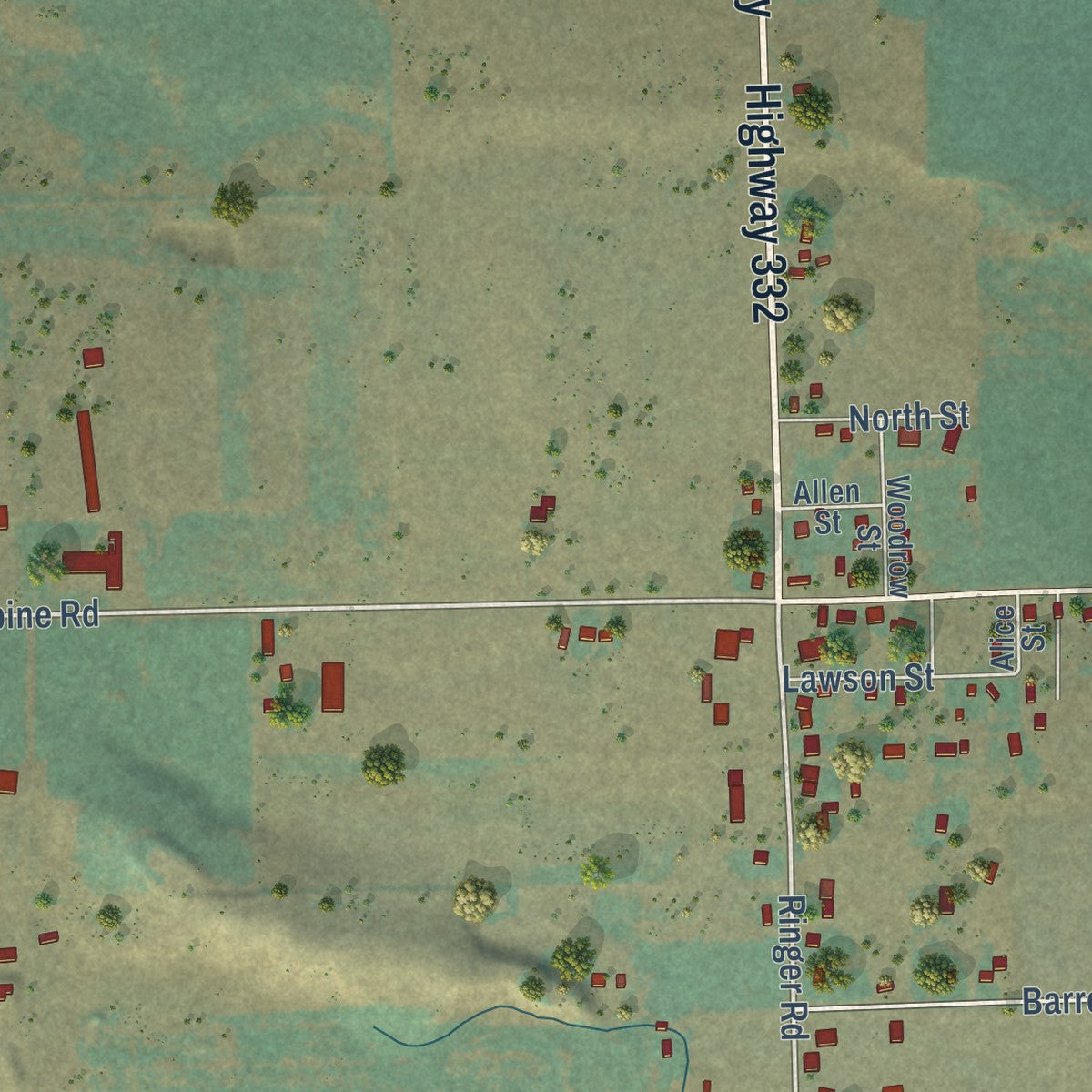 Close-up of the map of Umapine, Oregon print showing street and building detail